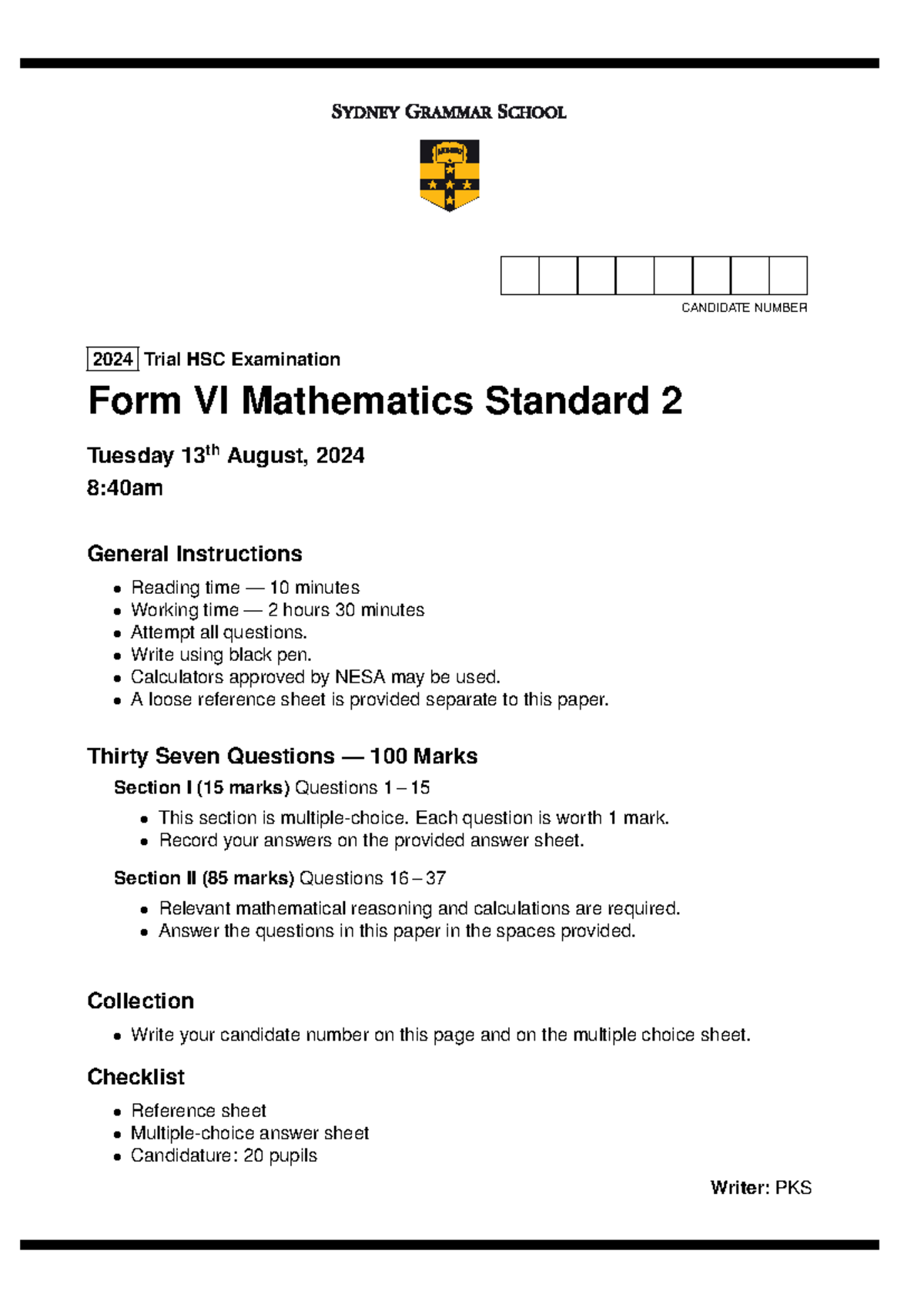Form VI Mathematics Standard 2 Trial HSC Exam Solutions 2024 - Studocu