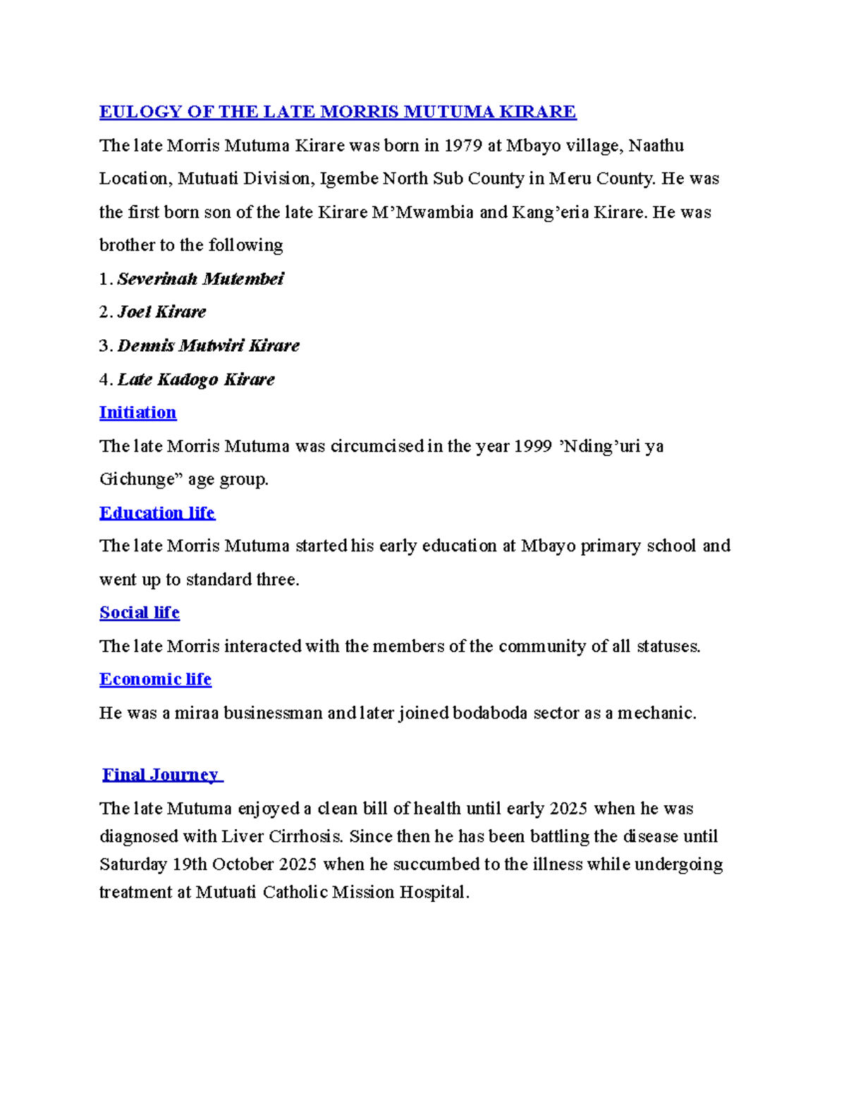 Eulogy of the Late Morris Mutuma Kirare: A Life Remembered - Studocu