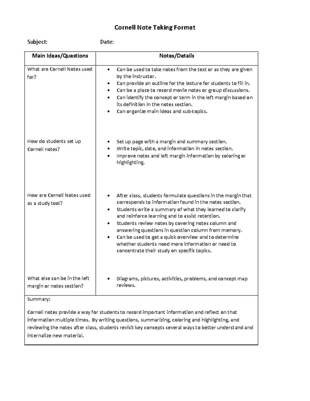 Cornell Notes Format - dfdwqw ew - Cornell Note Taking Format Subject ...