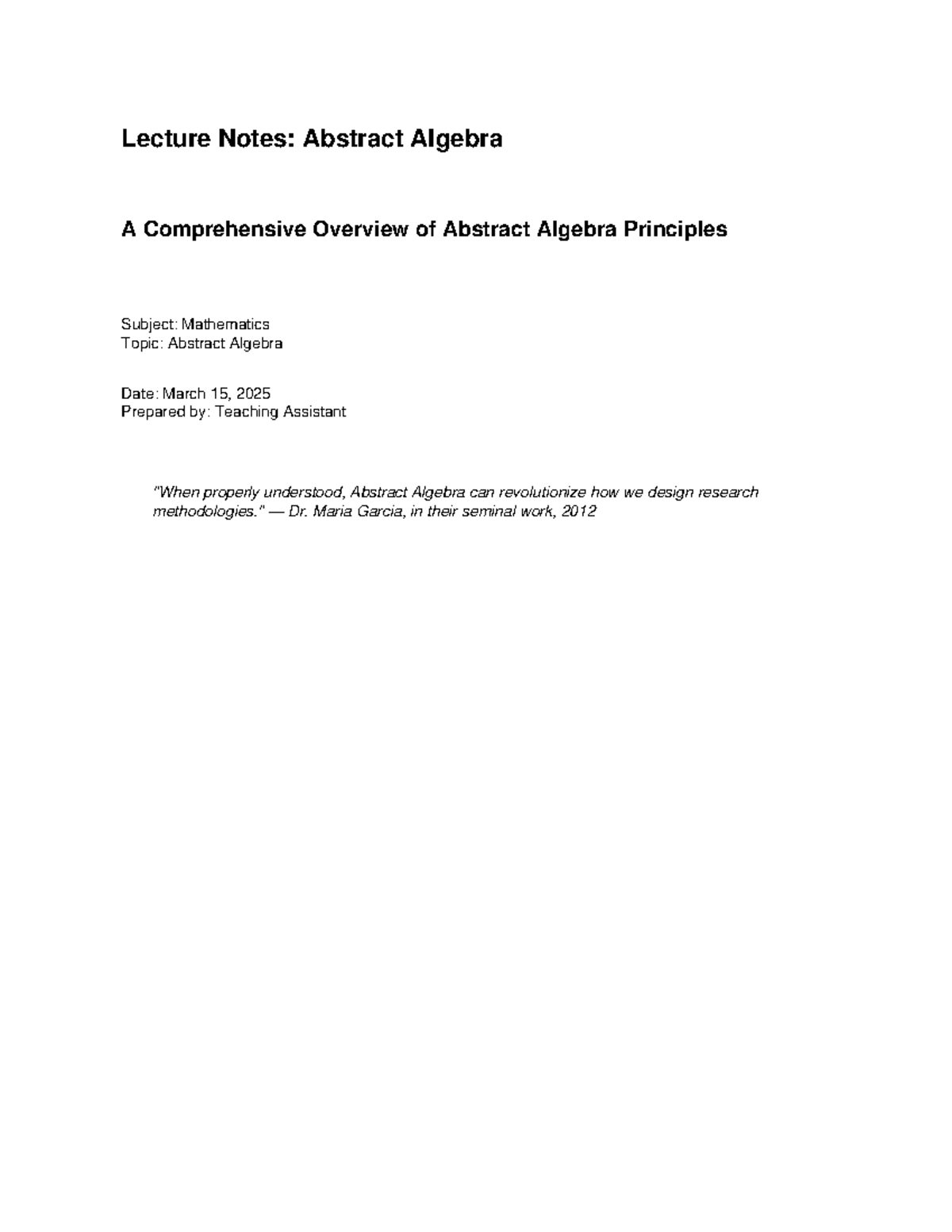 MATH 301: Lecture Notes on Abstract Algebra - Comprehensive Overview ...