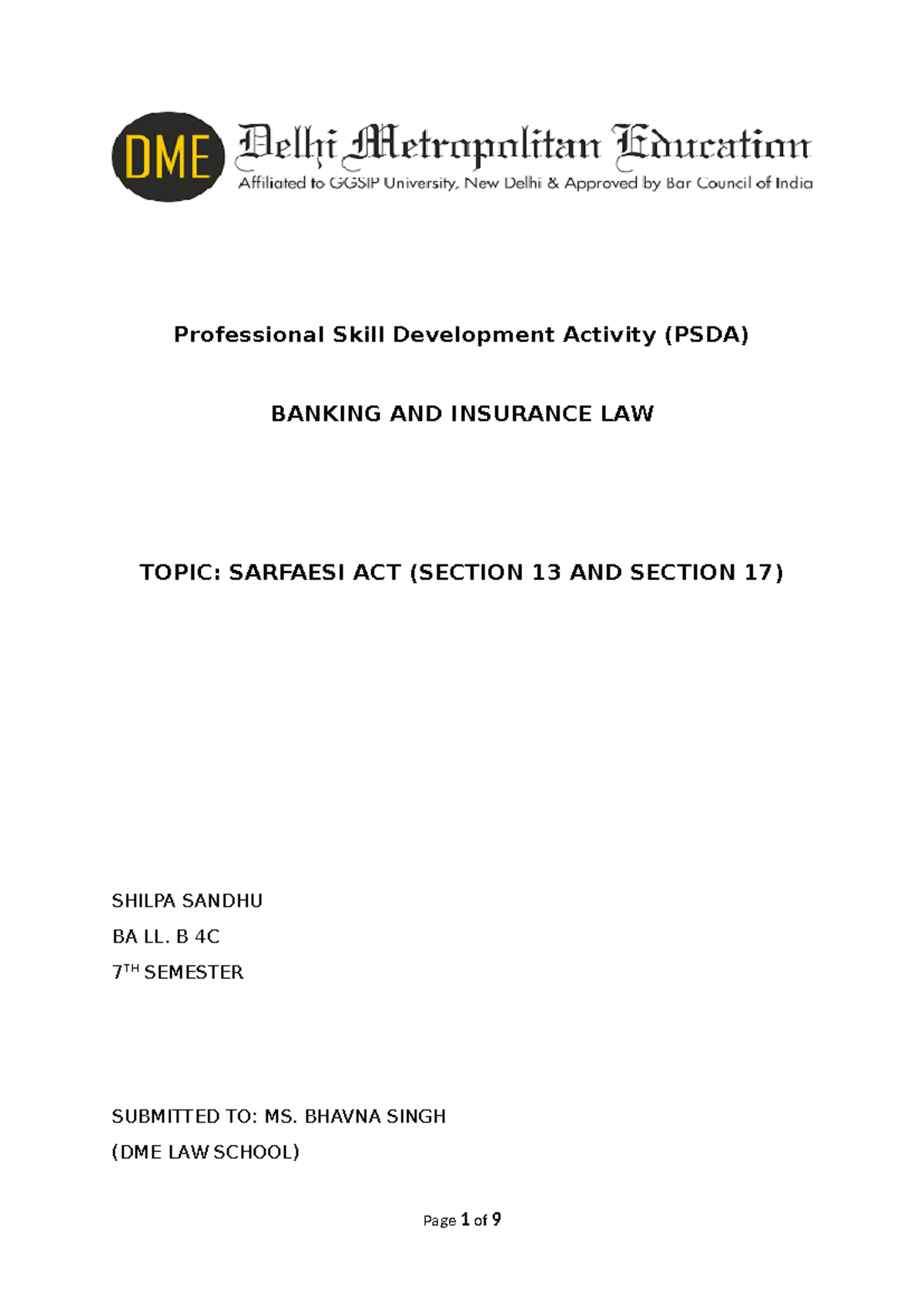 Banking AND Insurance LAW PSDA BY Shilpa Sandhu - Professional Skill ...