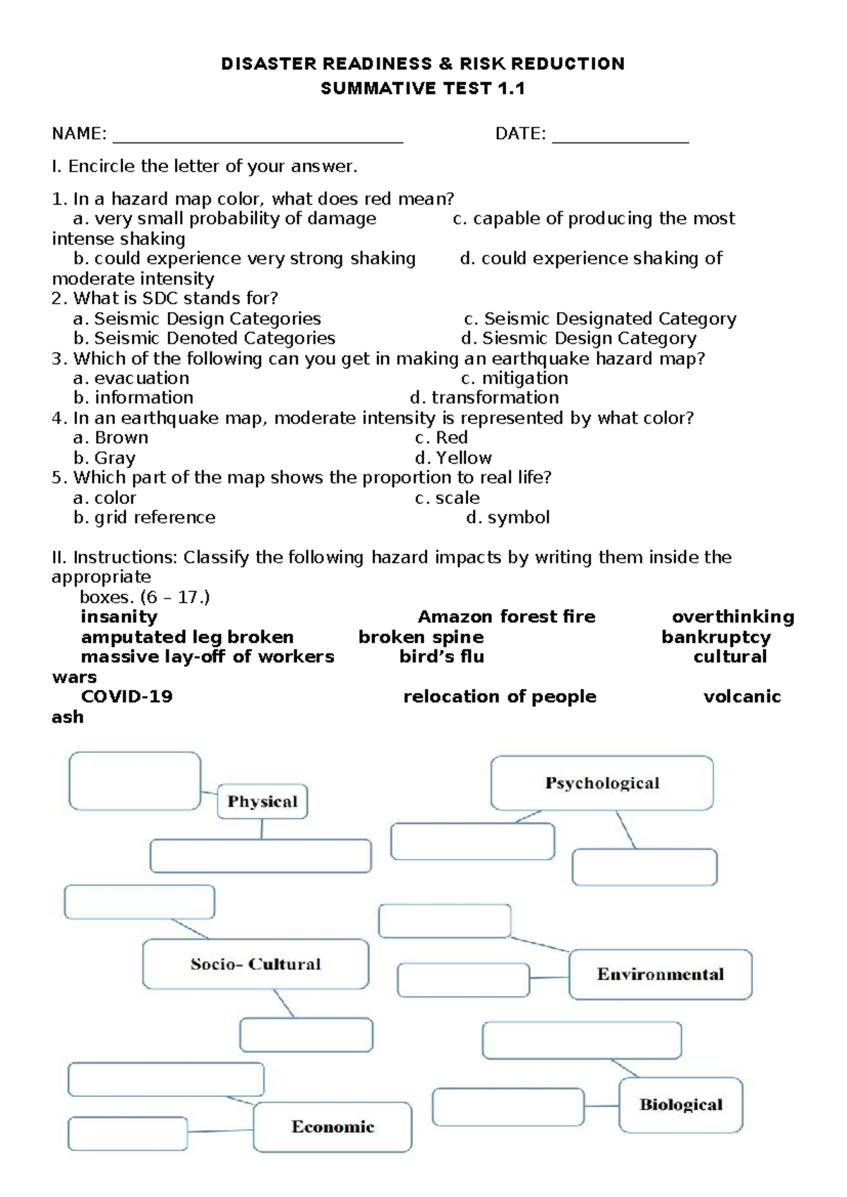 Drr Quiz - Summative Test on Disaster Readiness & Risk Reduction - Studocu
