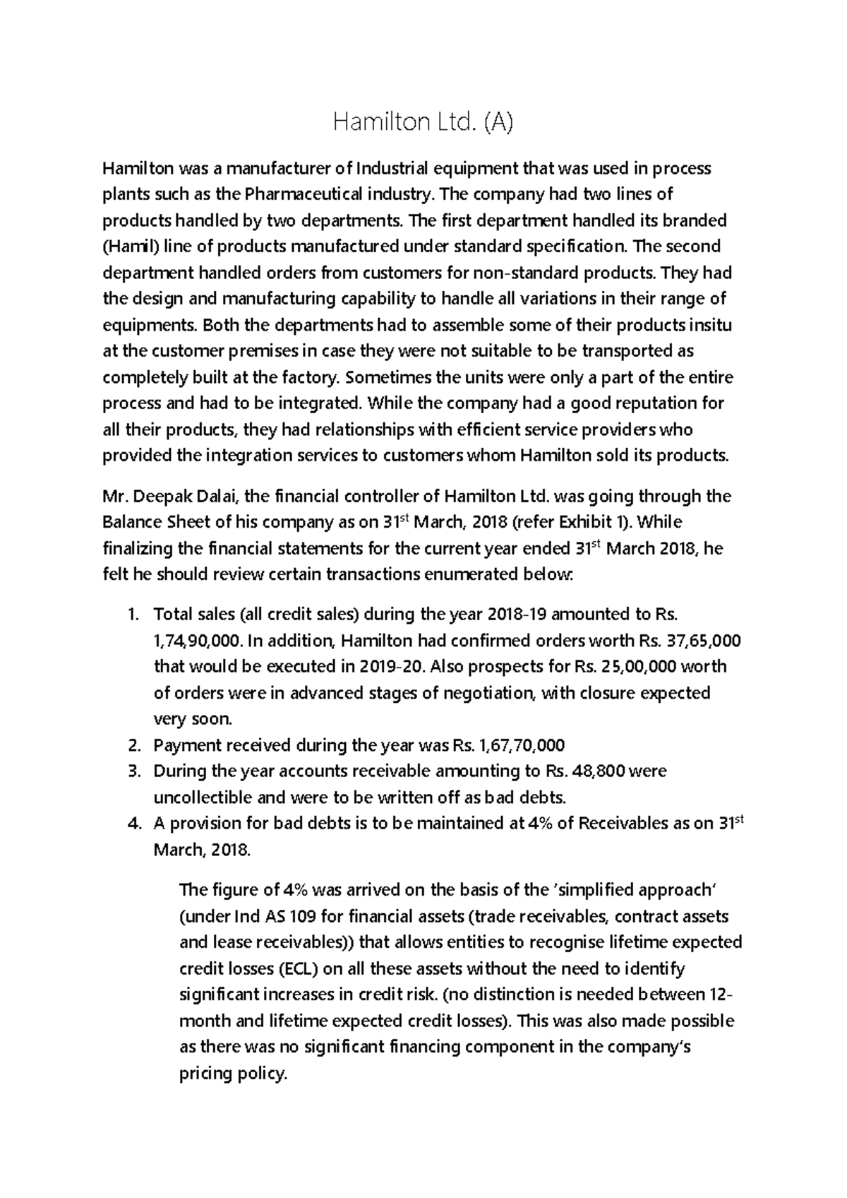 Hamilton Ltd. (A) Case Study: Revenue Recognition & Receivables ...