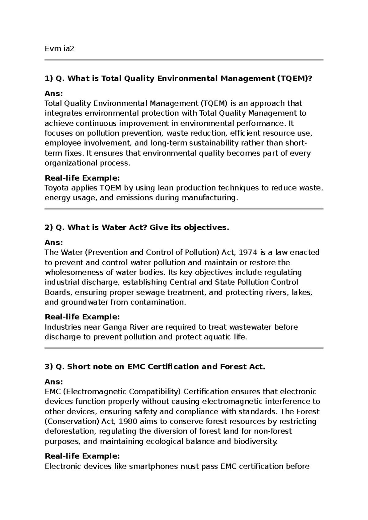 EVM IA2 Question Bank for Honors Exam on Environmental Management - Studocu