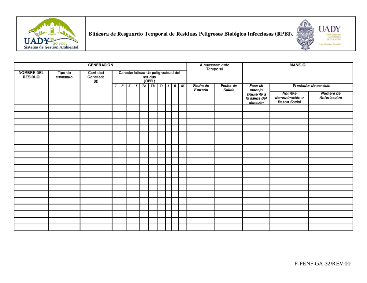 Bitacora DE Almacenamiento RPBI - Bitácora de Resguardo Temporal de ...