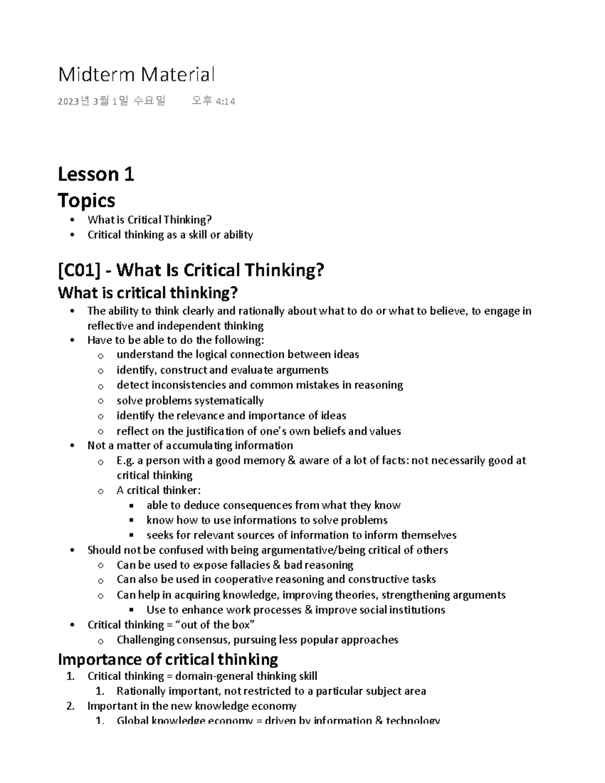 Phil 1230 Midterm Lecture Notes: Understanding Critical Thinking - Studocu