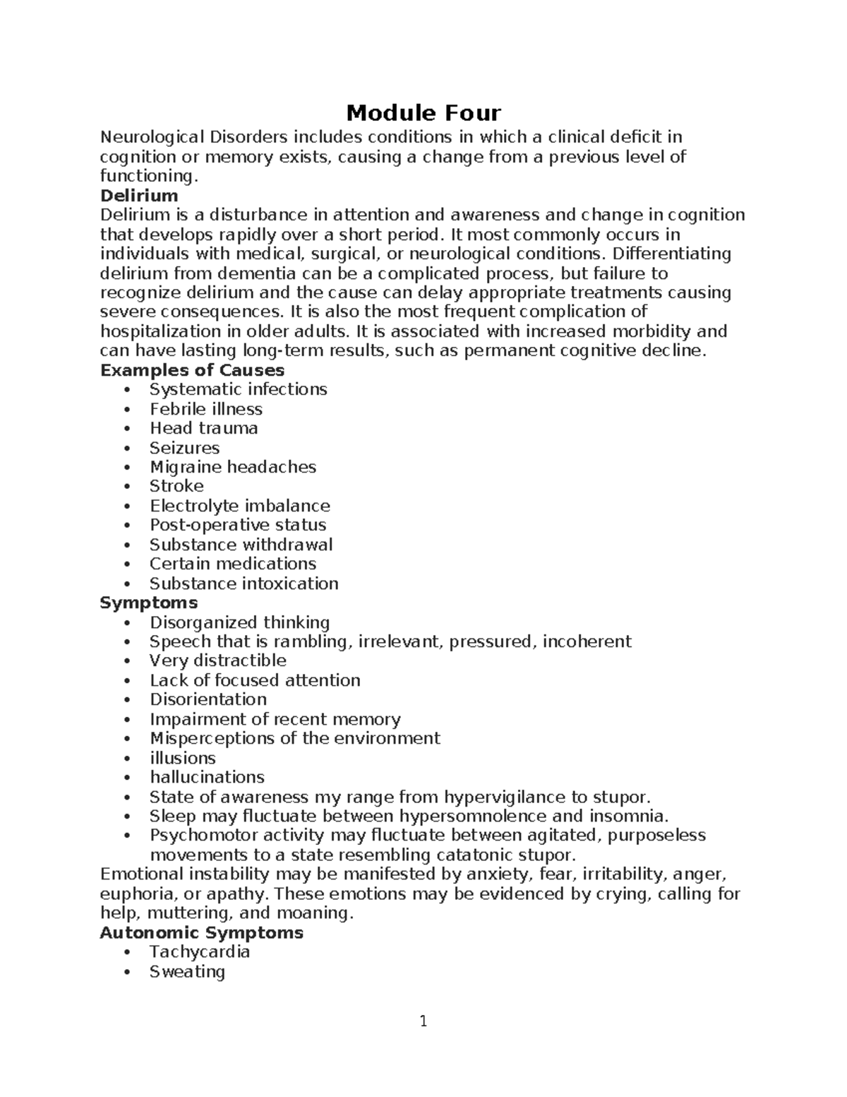 Module 4: Neurological Disorders - Delirium & Dementia Overview - Studocu