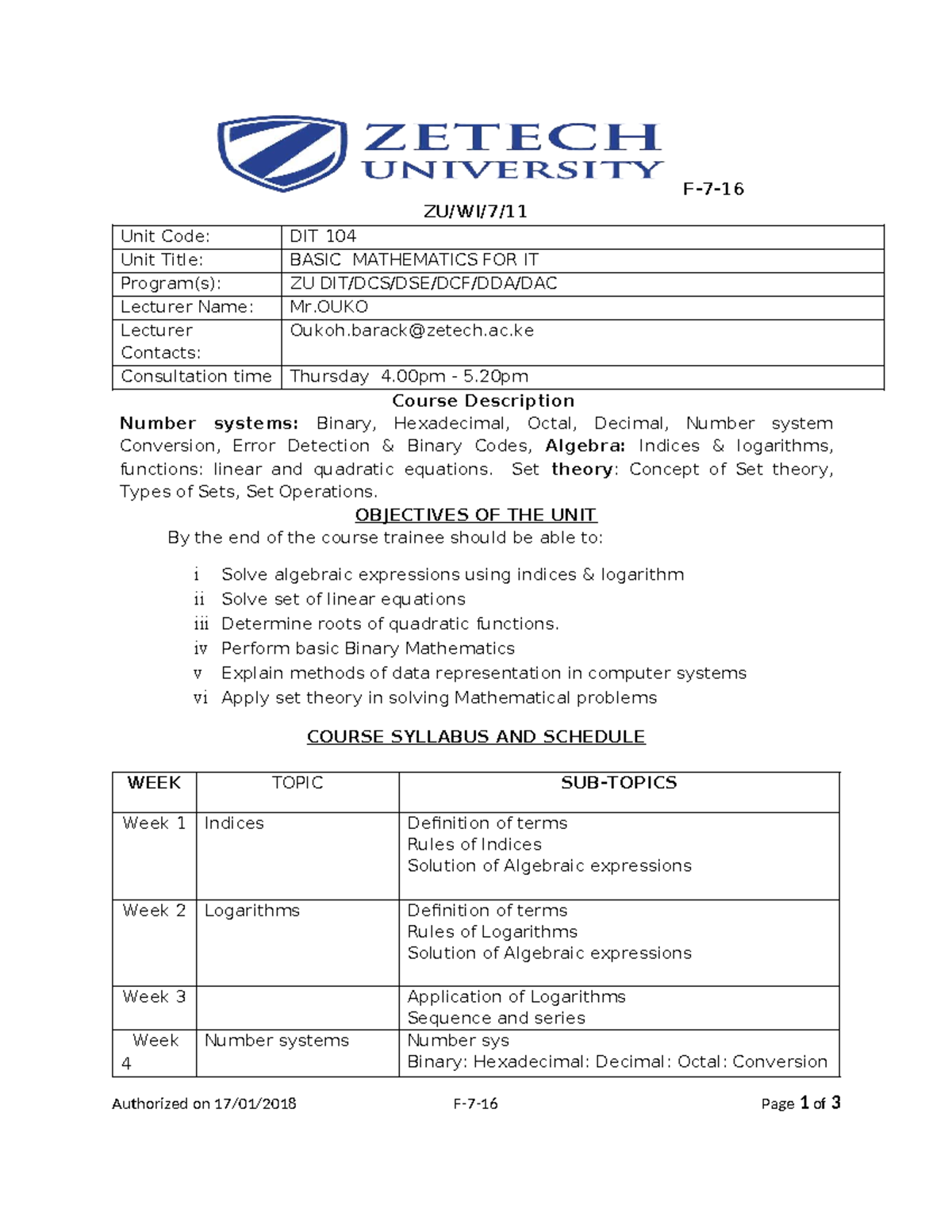 DIT 104 Basic Mathematics for IT: Course Overview and Syllabus - Studocu