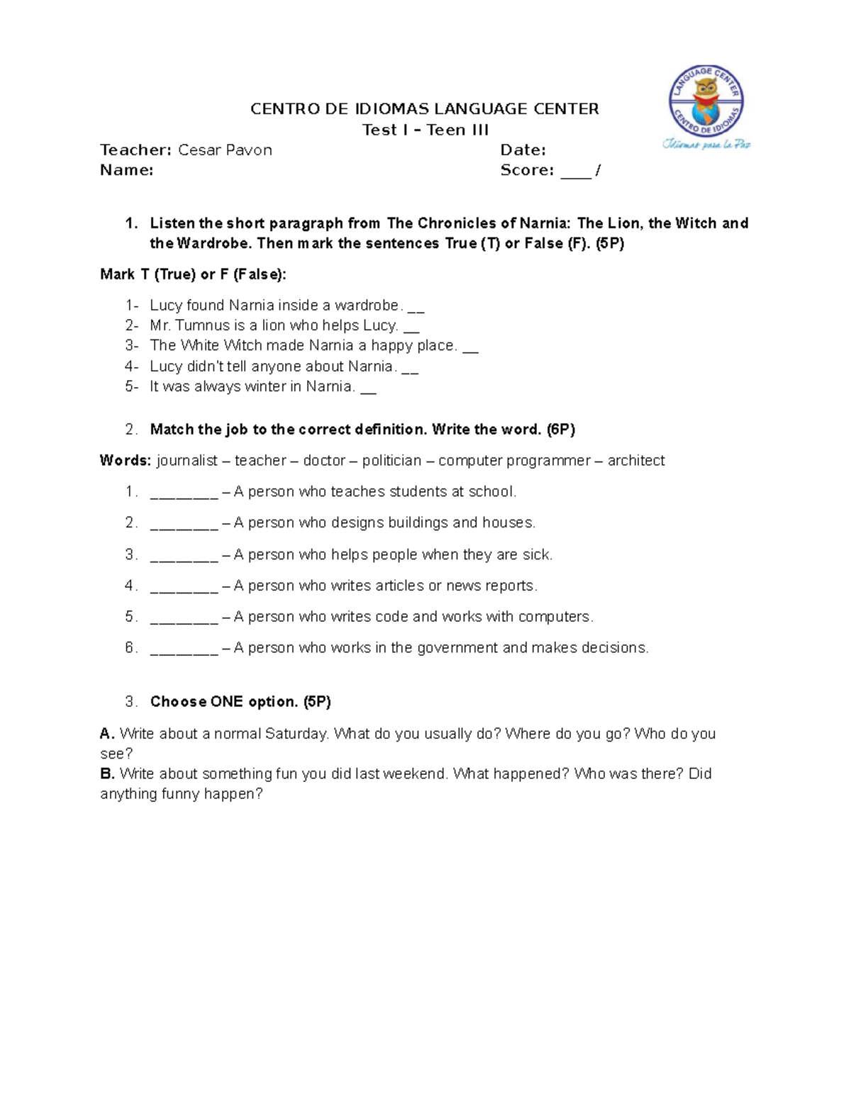 Test I - INGLES 2: Listening & Writing Activities - Studocu