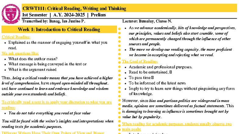 CRWT111 Prelims: Introduction to Critical Reading and Writing - Studocu