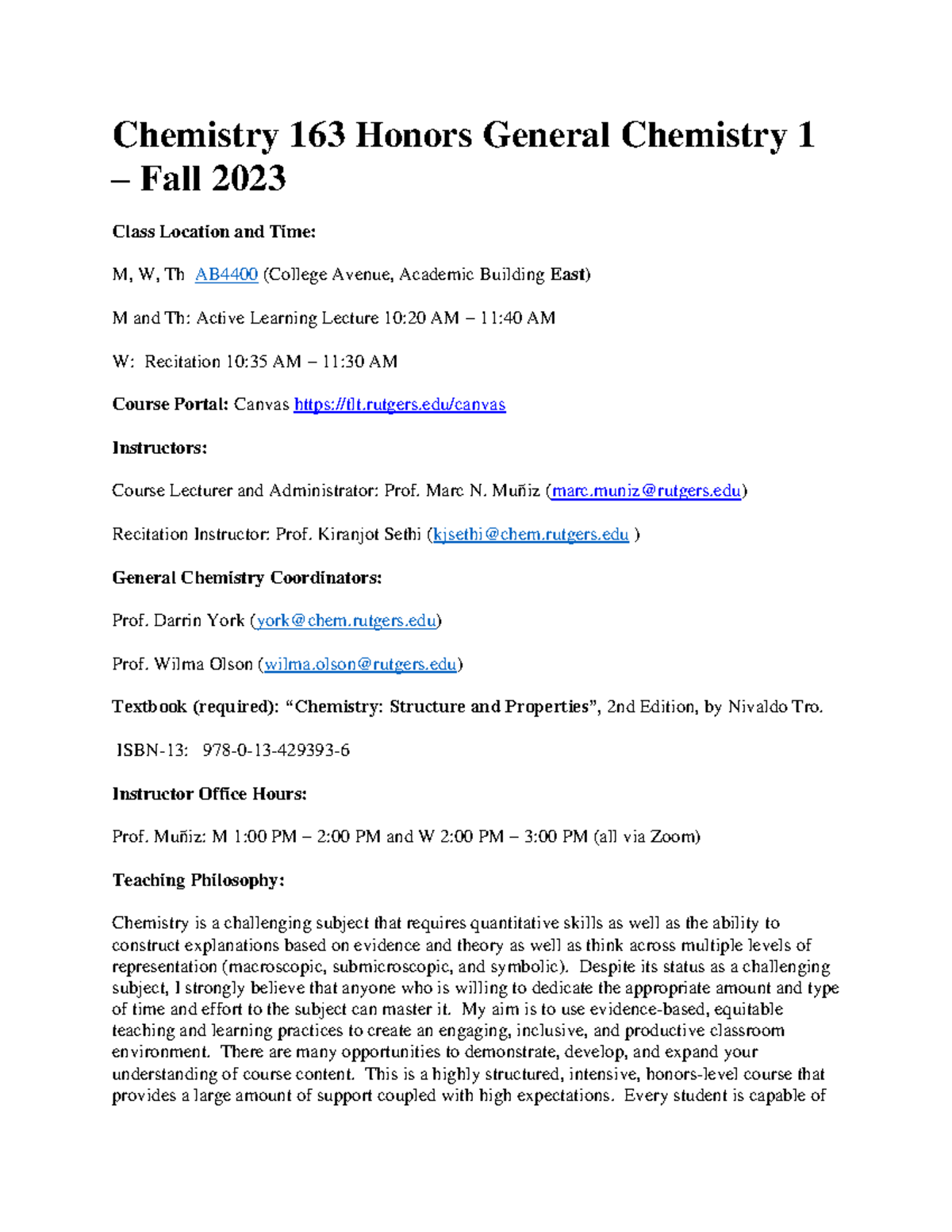 Chem 163 Fall 2023 Honors General Chemistry Syllabus and Info - Studocu