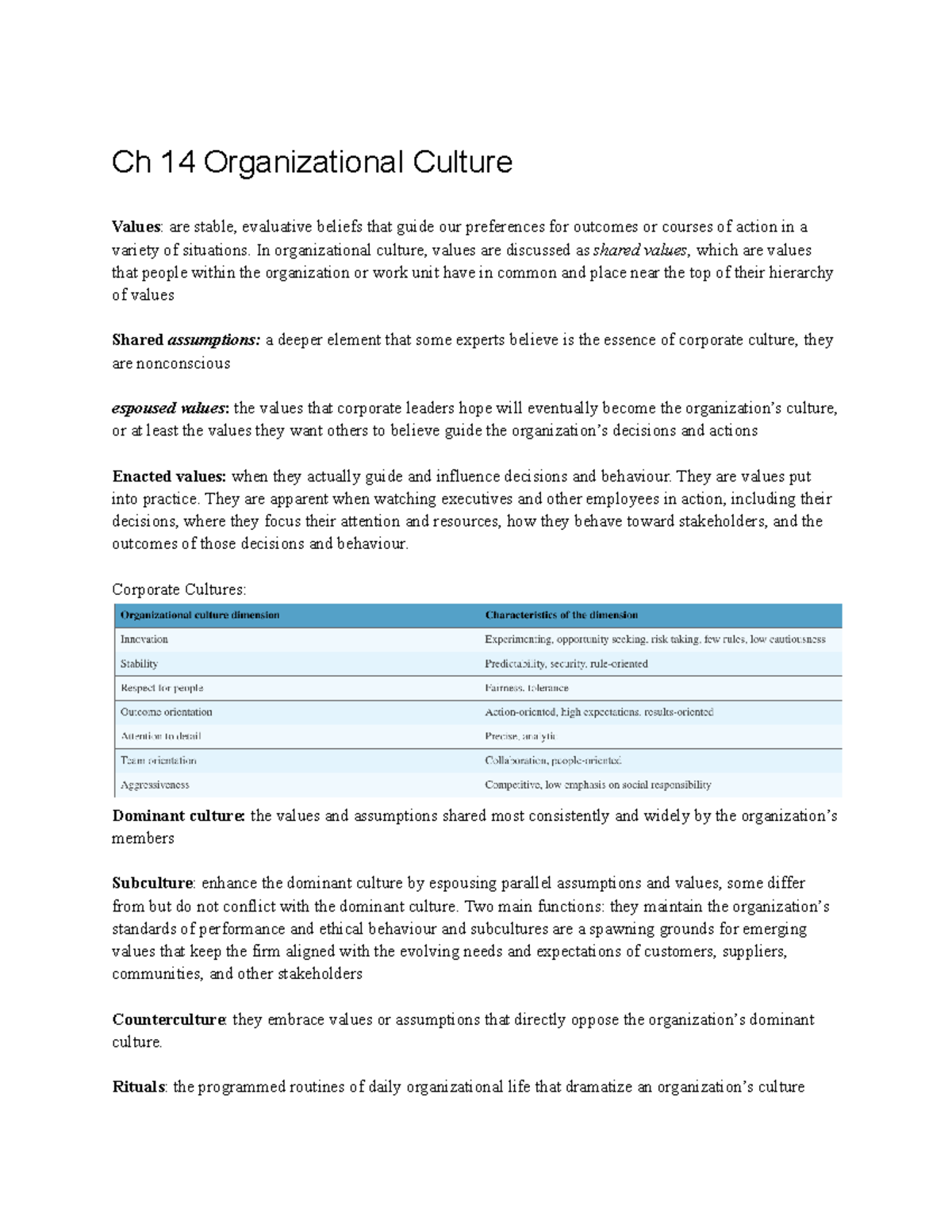 Ch 14: Understanding Organizational Culture and Its Dynamics - Studocu