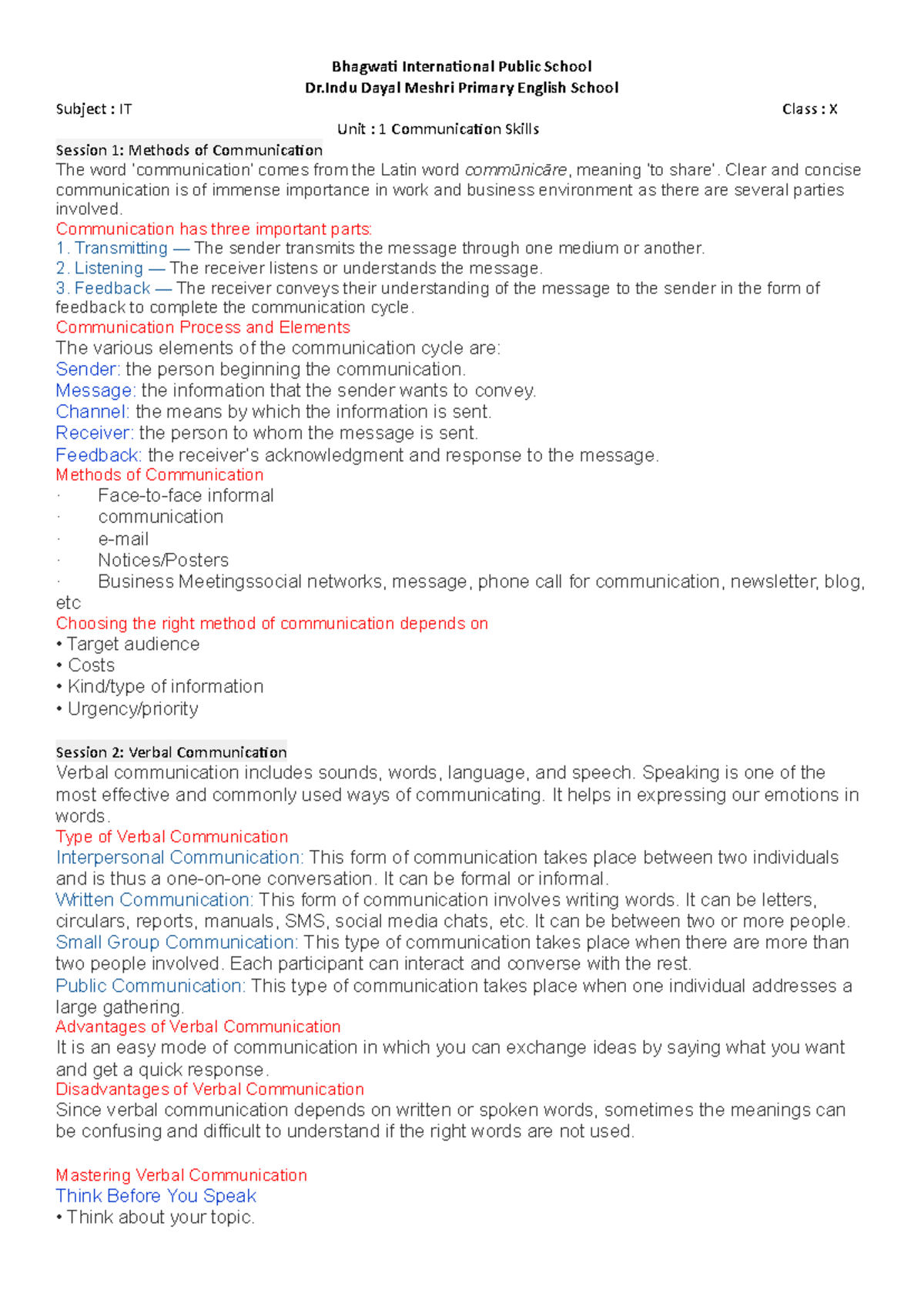 IT Class X: Communication Skills Notes - Unit 1 Overview - Studocu