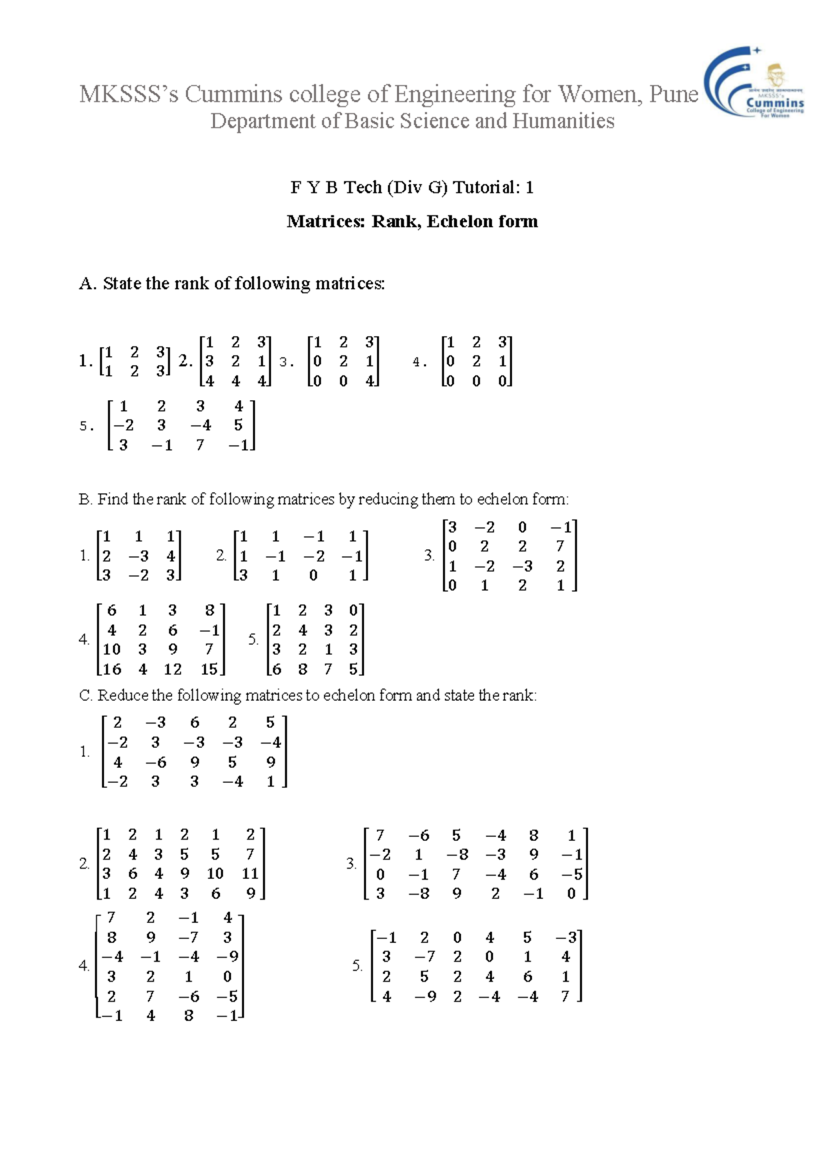 F.Y.B. Tech (Div G) Tutorial 1: Matrices Rank & Echelon Form Practice ...