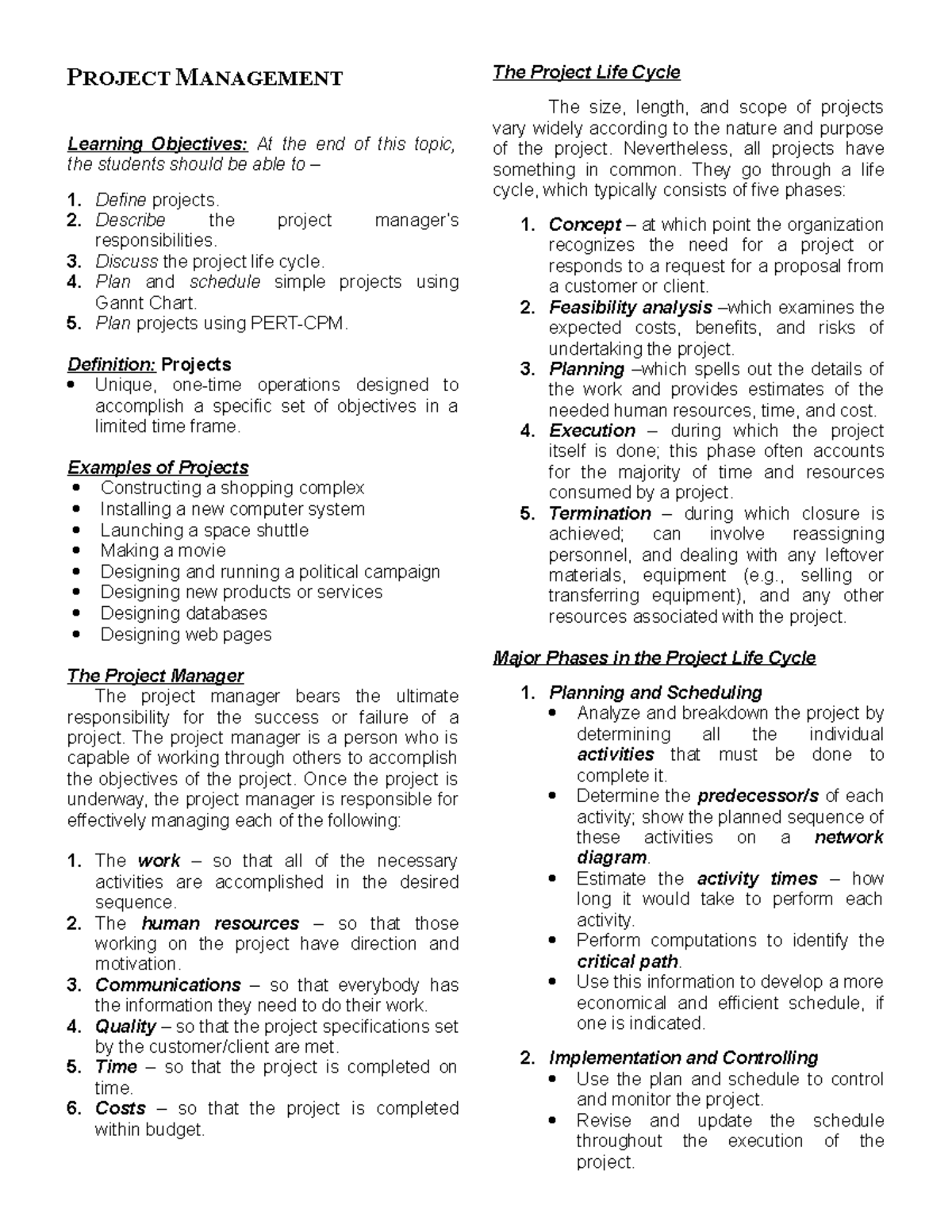 Final Project Management - PROJECT MANAGEMENT Learning Objectives: At ...