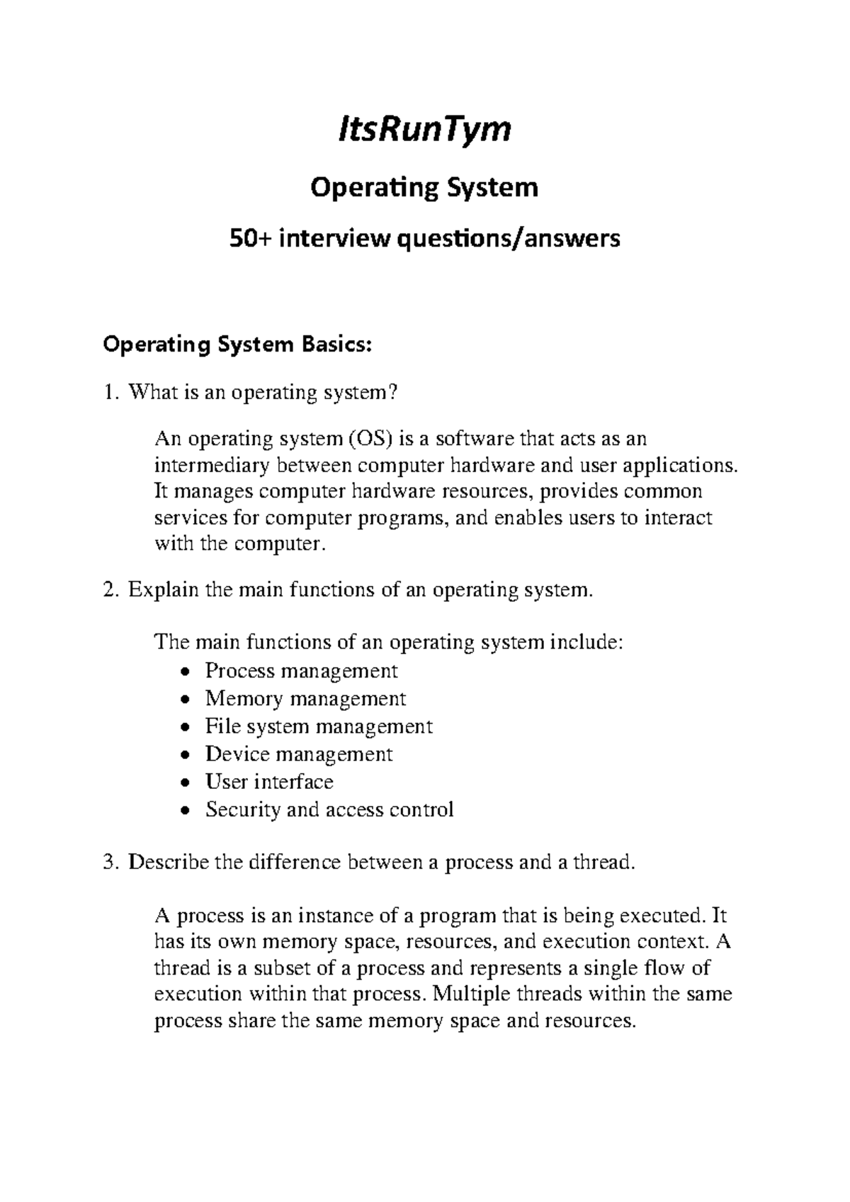 Operating system 50 sheet - ItsRunTym Operating System 50+ interview ...