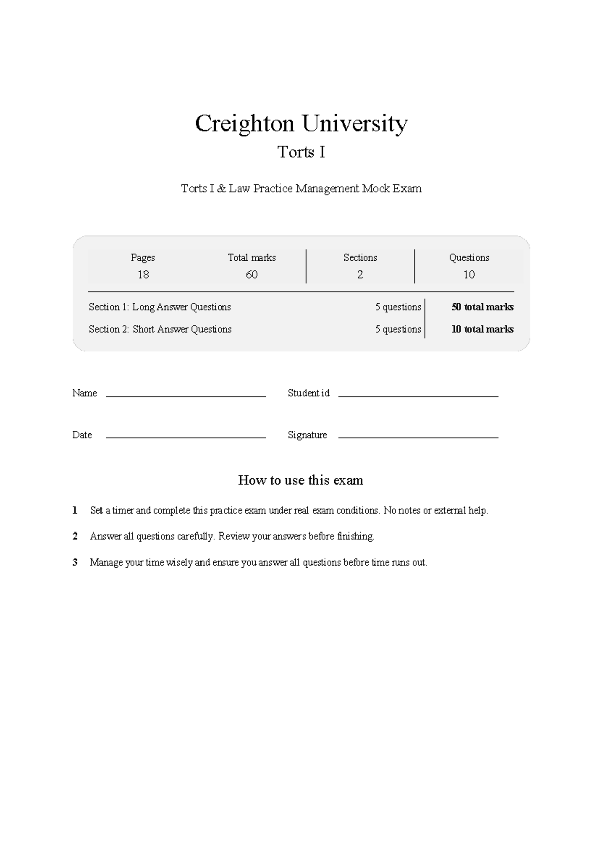 LAW 131 Torts I Mock Exam - Practice Questions & Answers - Studocu