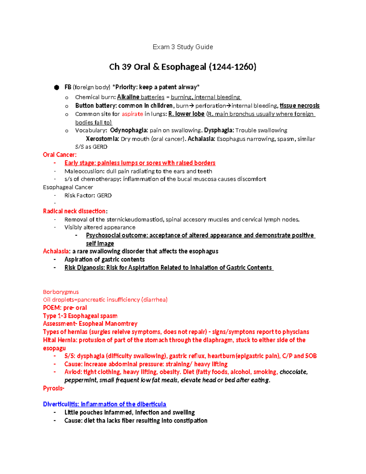Exam 3 Study Guide - Key Concepts in Adult Health: Esophageal Disorders ...