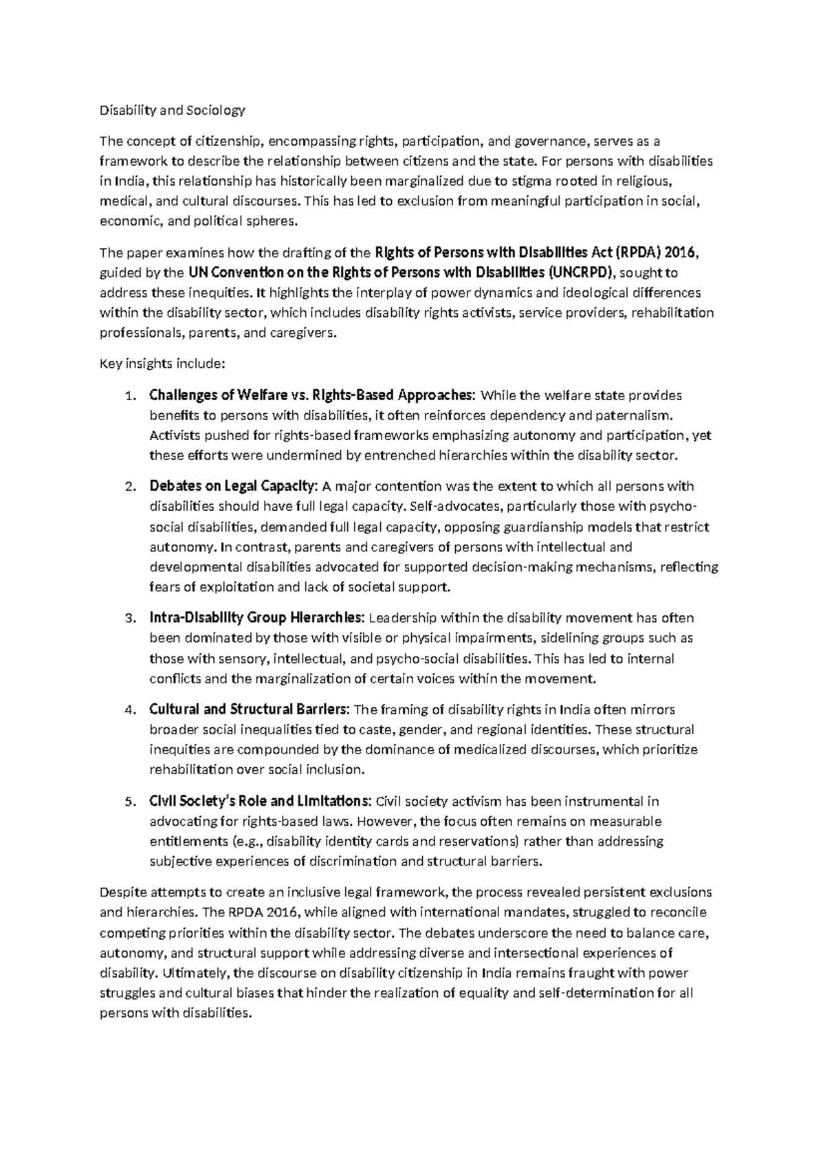 Disability and Citizenship in India: Insights on RPDA 2016 - Studocu