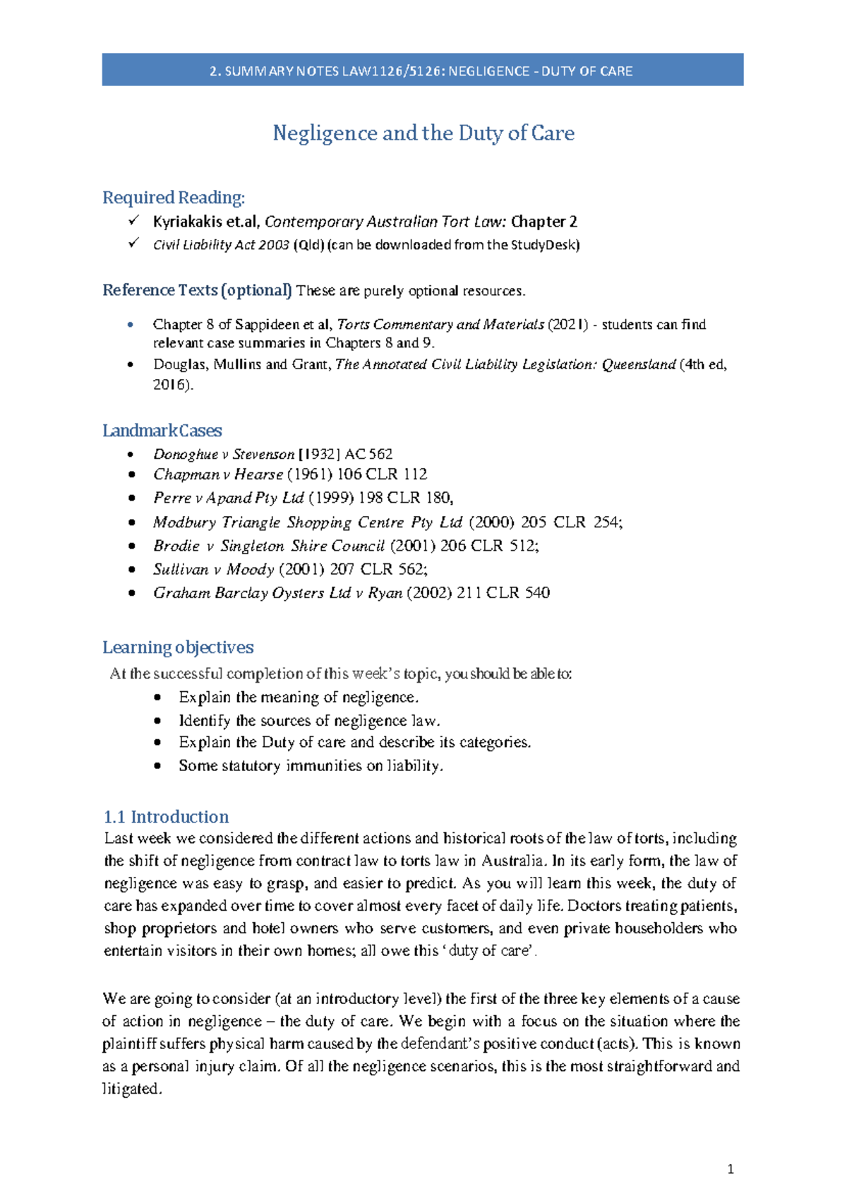 2. Summary Notes on Negligence: Duty of Care (LAW101) - Studocu