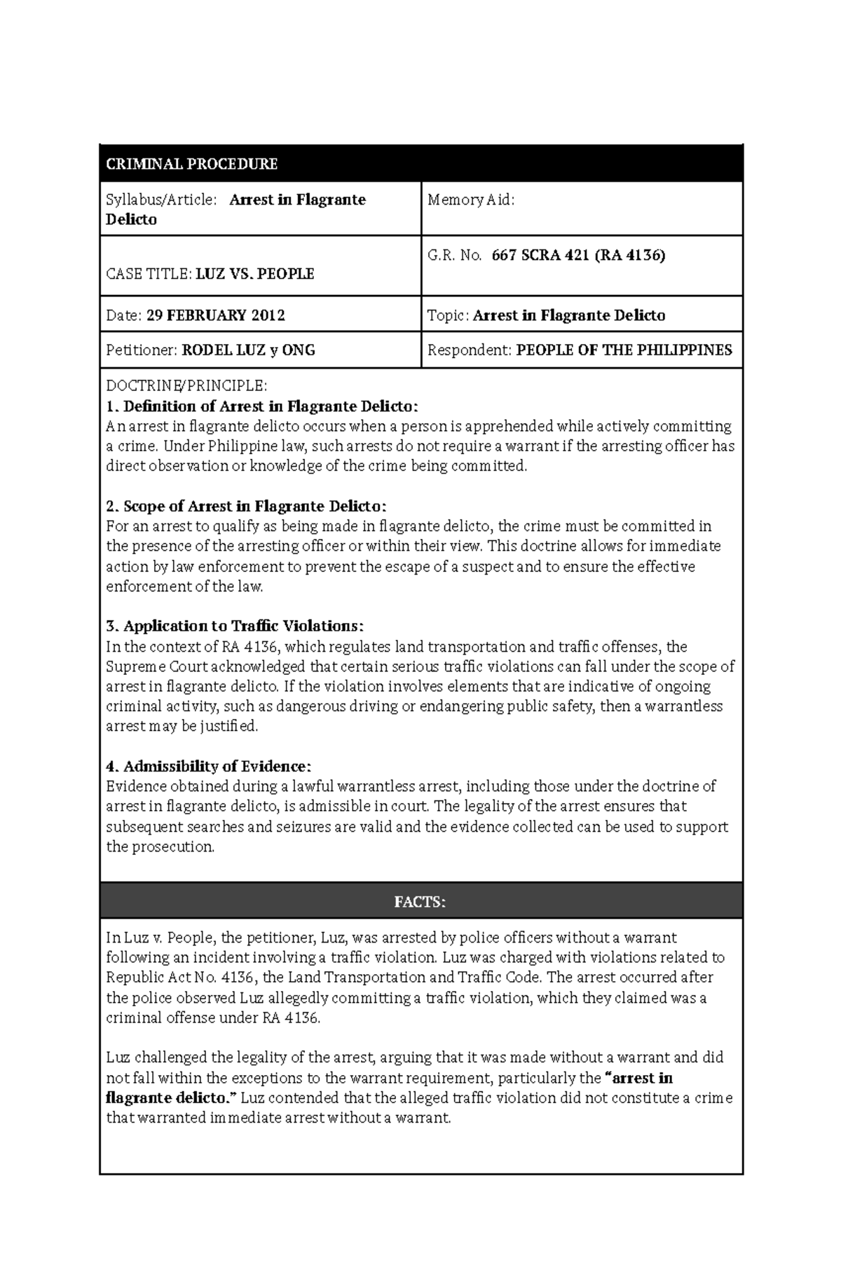 LUZ VS. PEOPLE: Key Aspects of Arrest in Flagrante Delicto - CRIM PRO ...