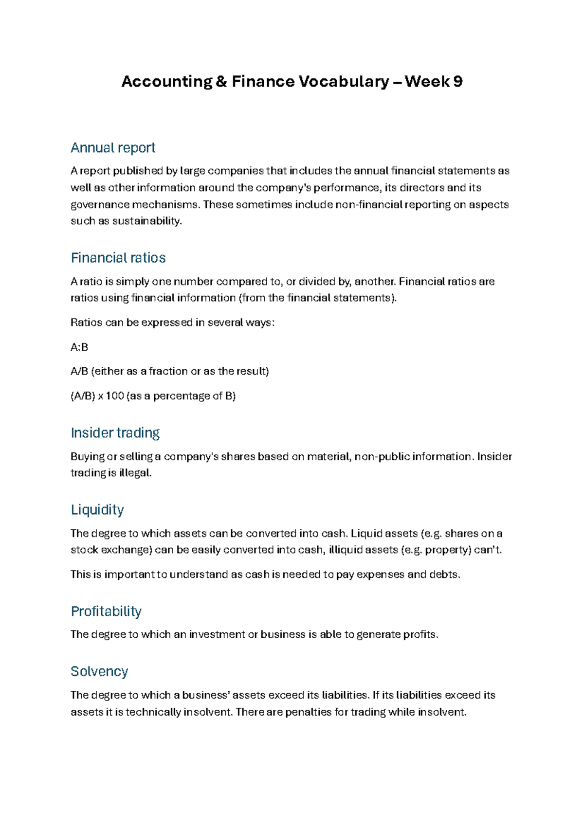 Accounting Finance Vocabulary Week 9: Key Terms & Concepts - Studocu