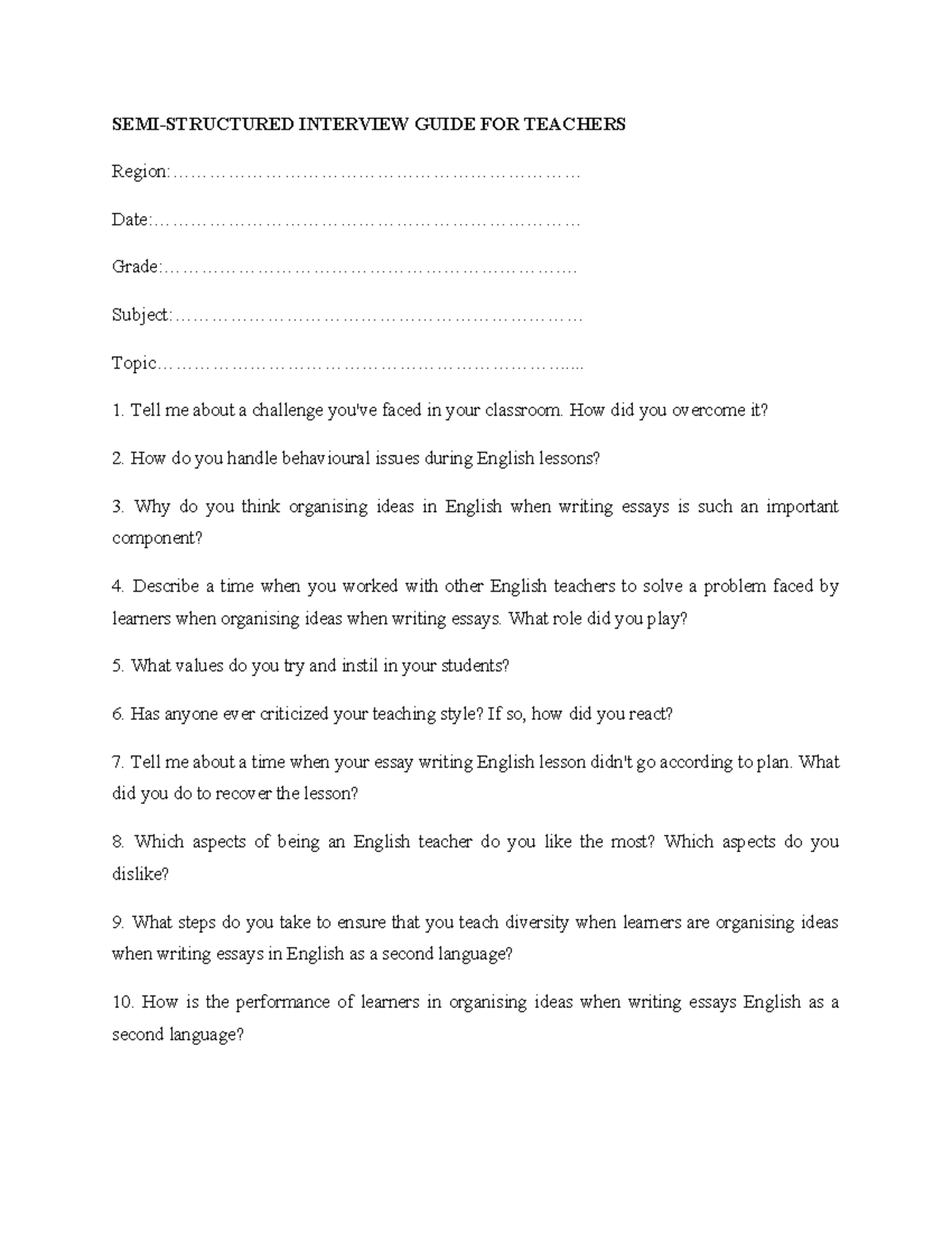 Semi-Structured Interview Guide for Teachers of English (ENG 101) - Studocu