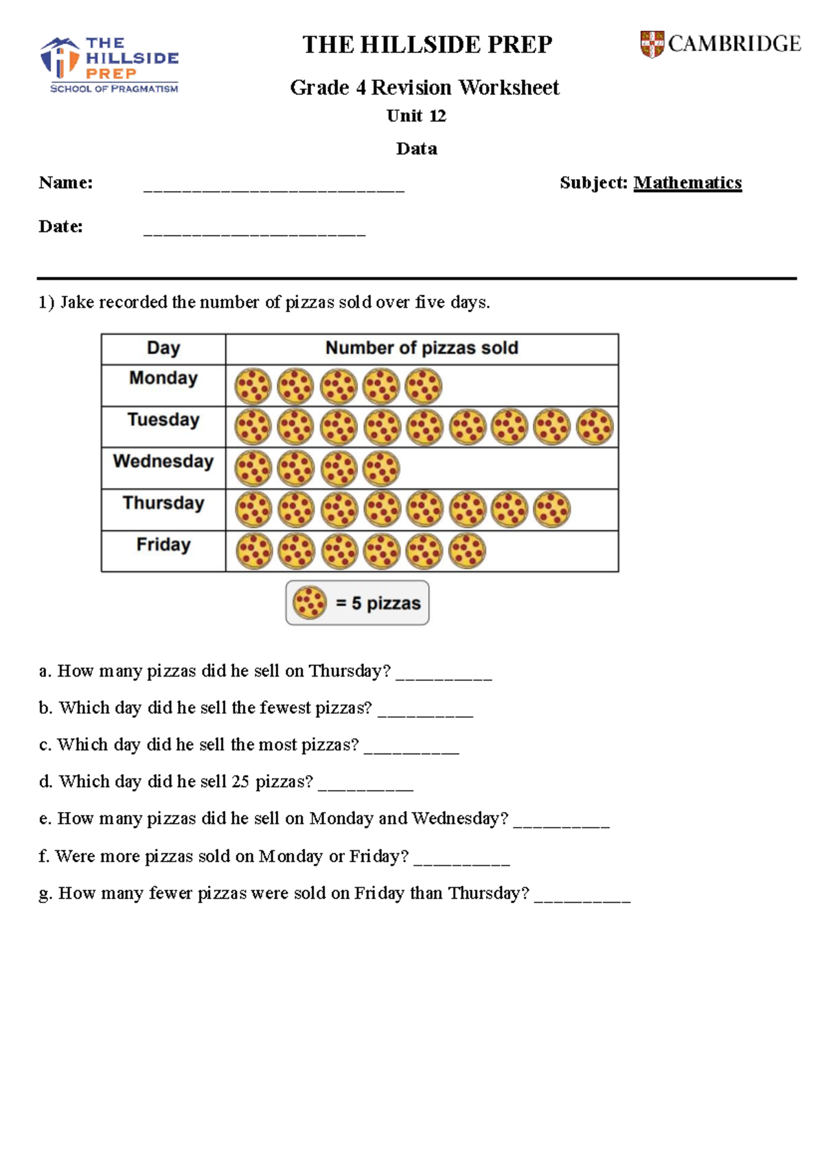 SA3 - Grade 4 Math Revision Worksheet: Unit 12 Data Analysis - Studocu