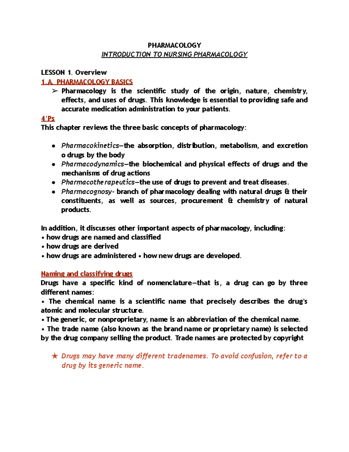 PHM 101: Intro to Pharmacology - Key Concepts and Definitions - Studocu