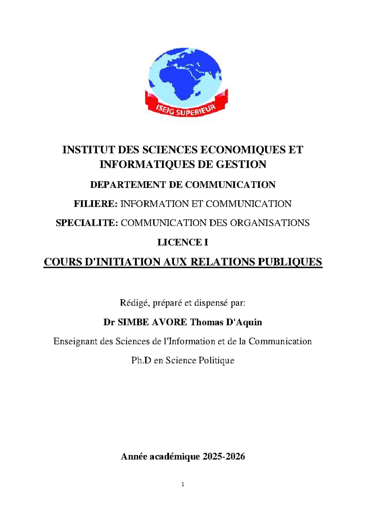 Cours de Relations Publiques - Licence I - Institut des Sciences ...