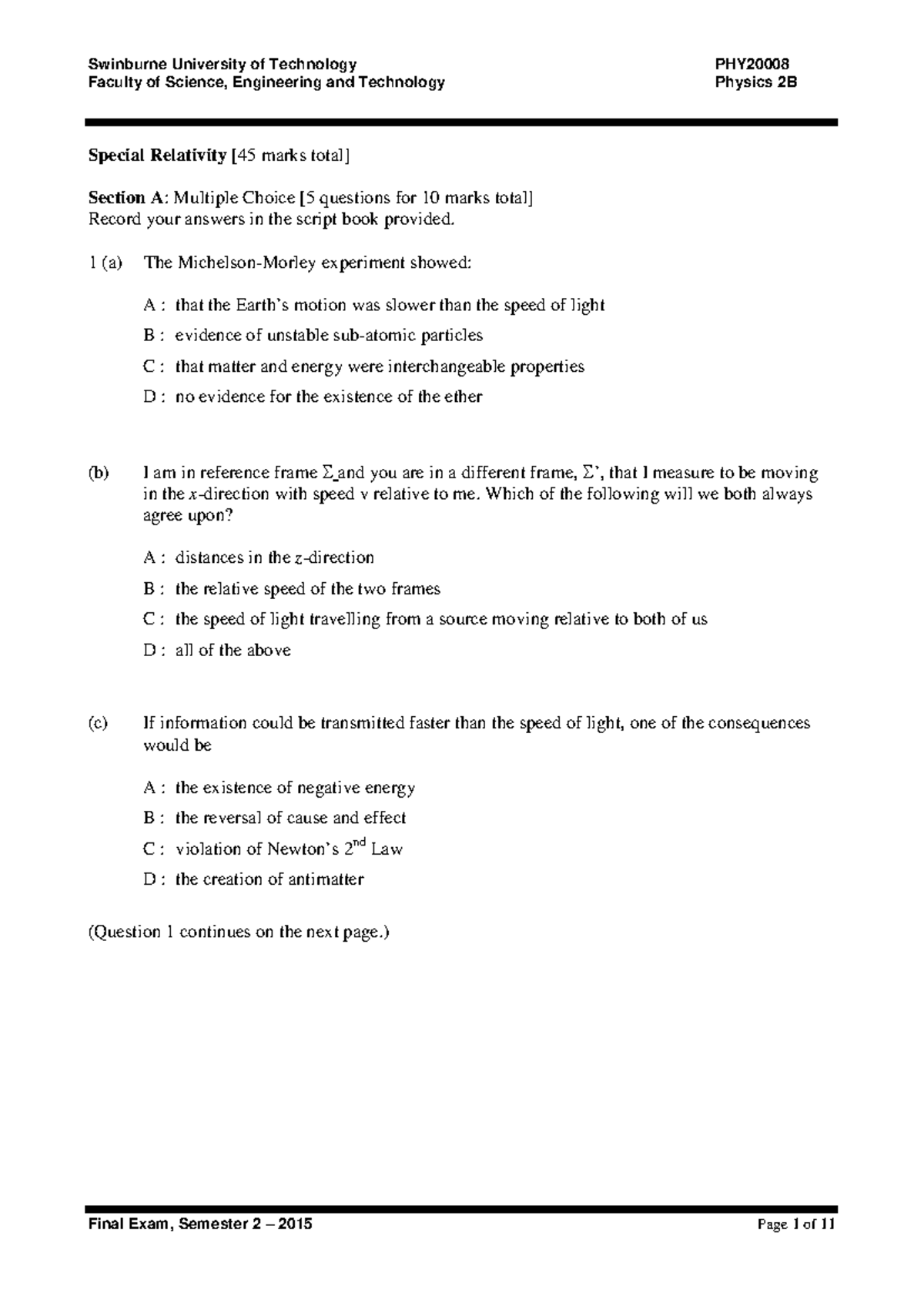 Final Exam Questions - Phy20008 - Semester 2, 2015 - Studocu