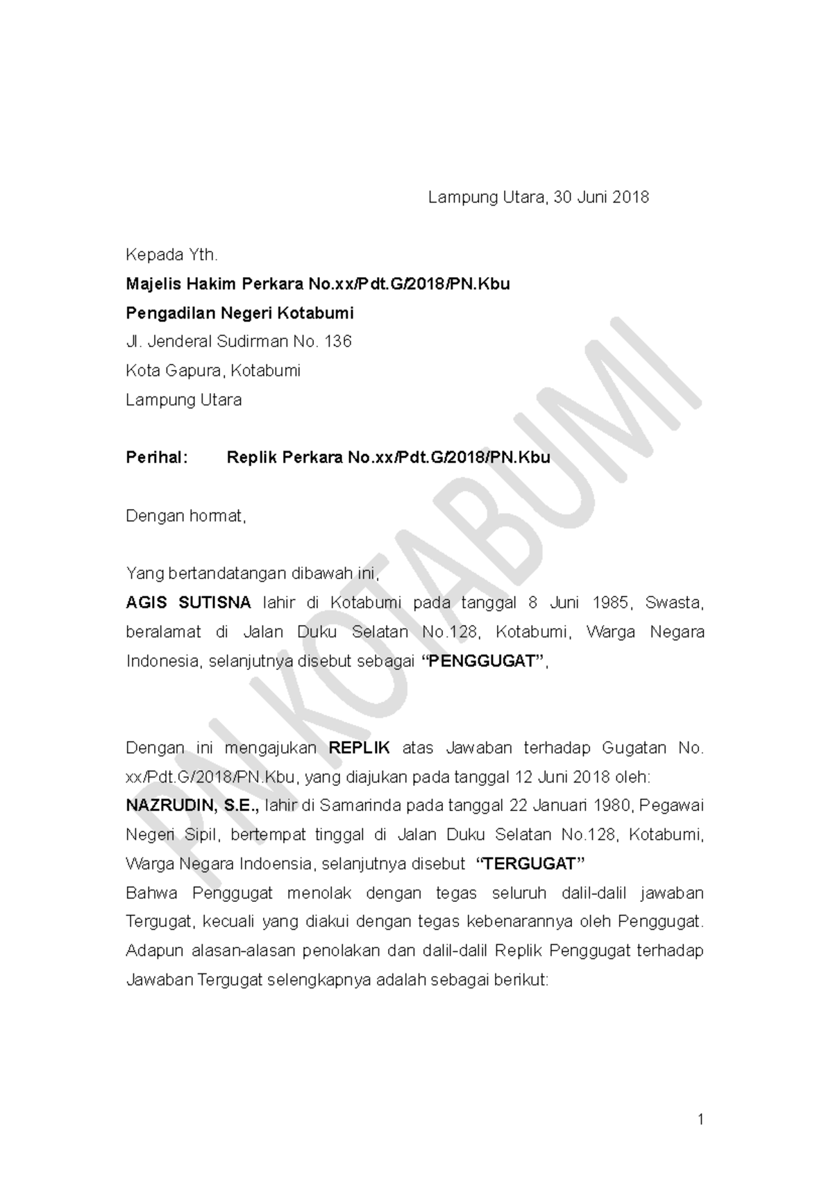 Replik Penggugat dalam Perkara No.xx/Pdt.G/2018/PN.Kbu di Kotabumi - Document Preview