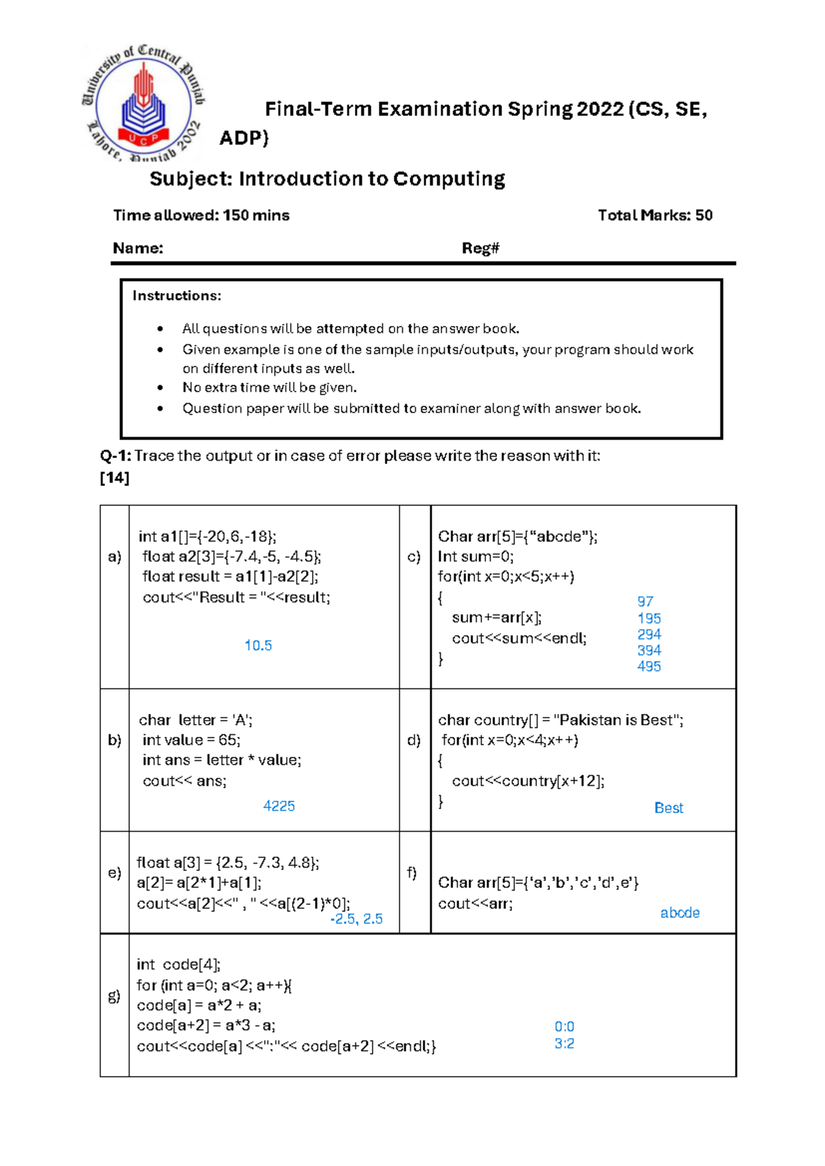 Final Exam ITC - Introduction to Computing Spring 2022 Solutions - Studocu