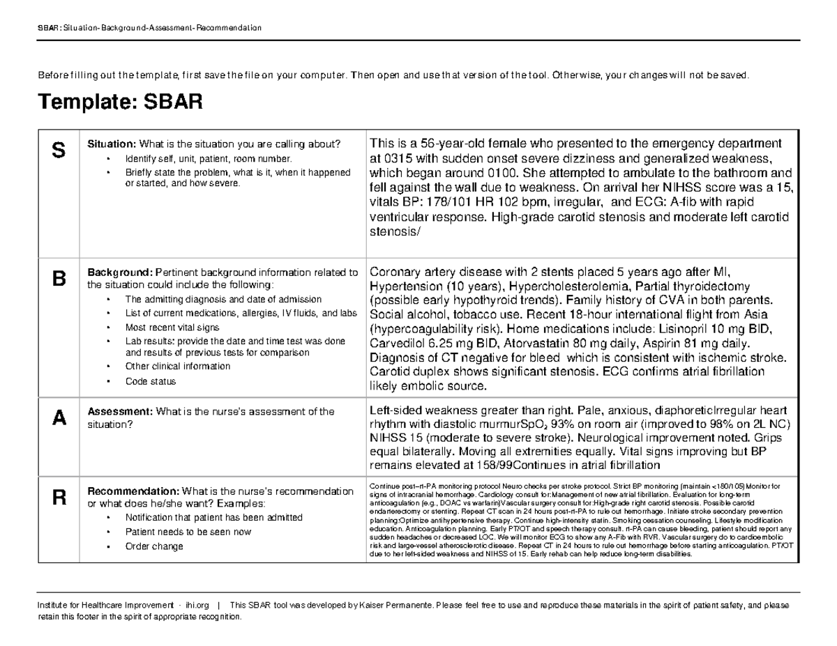 SBAR Template for Stroke Assessment and Recommendations - Studocu