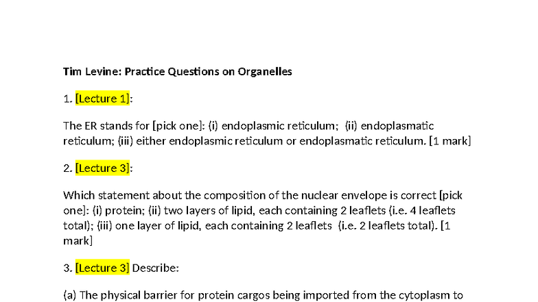 Tim Levine: Organelle Practice Questions (BIO 101) - Studocu