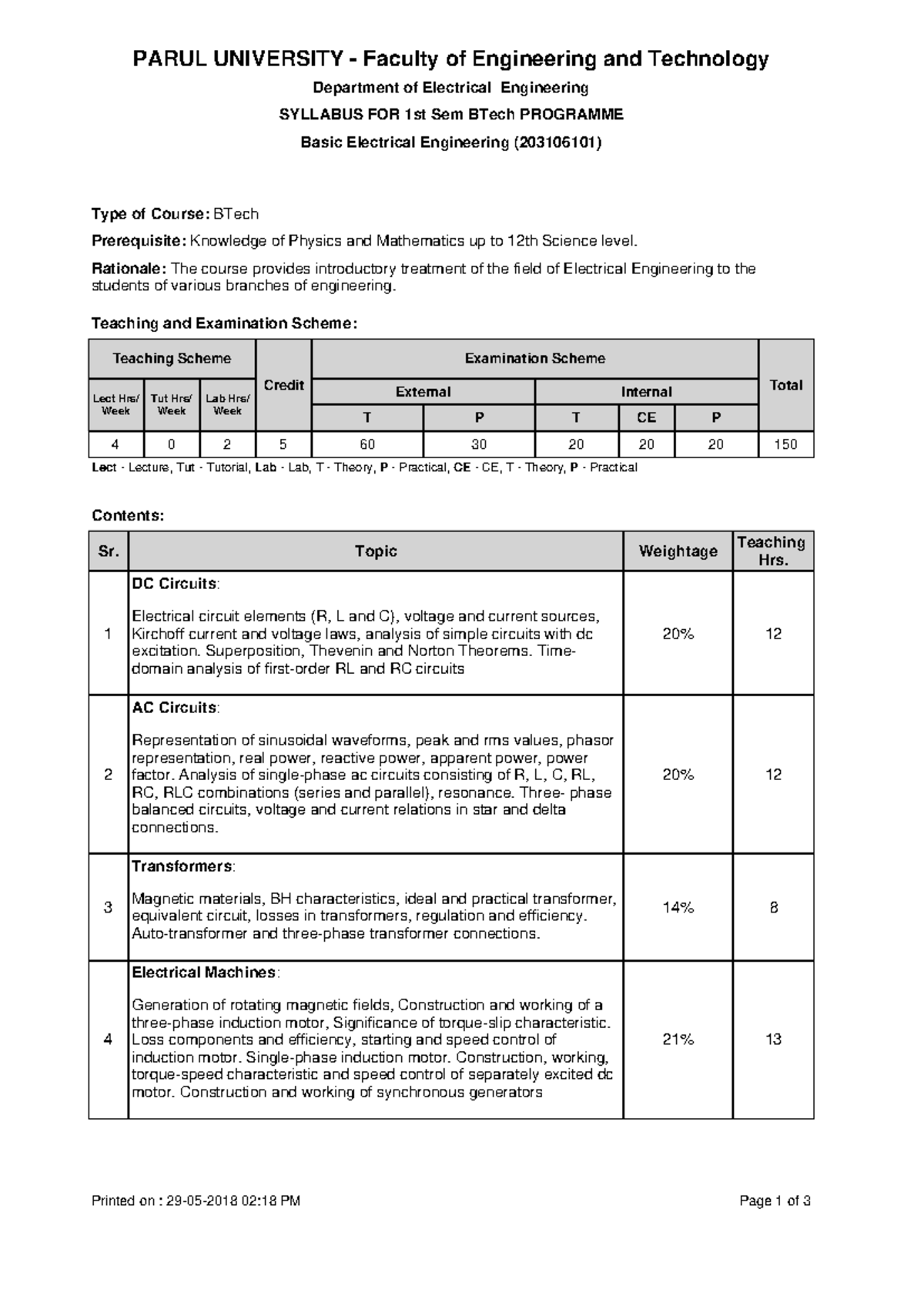 Syllabus for Basic Electrical Engineering (BTech 203106101) - 1st Sem ...