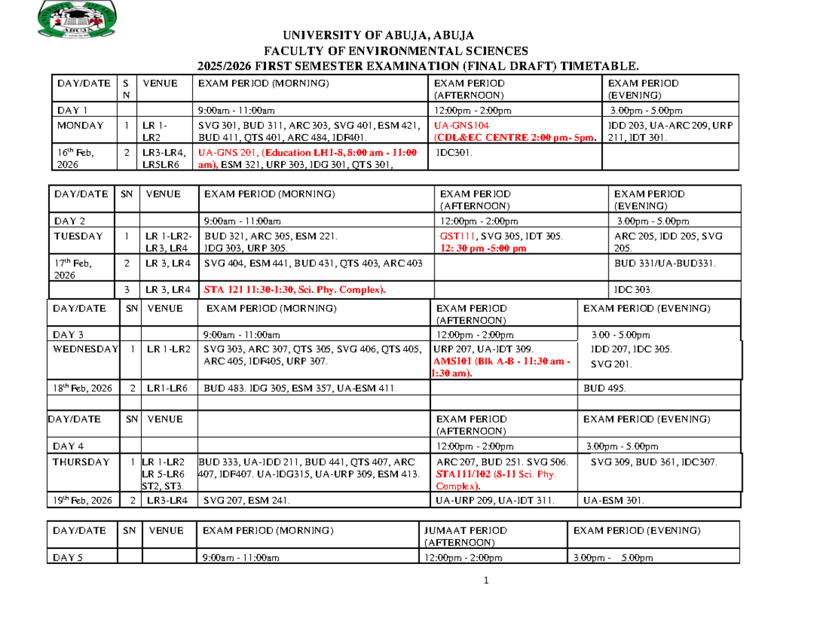 FES 2025-2026 First Semester Exam Timetable - Studocu