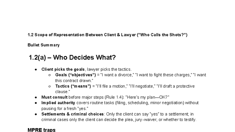 1.2 Scope of Representation: Client vs. Lawyer Decisions and Ethics ...