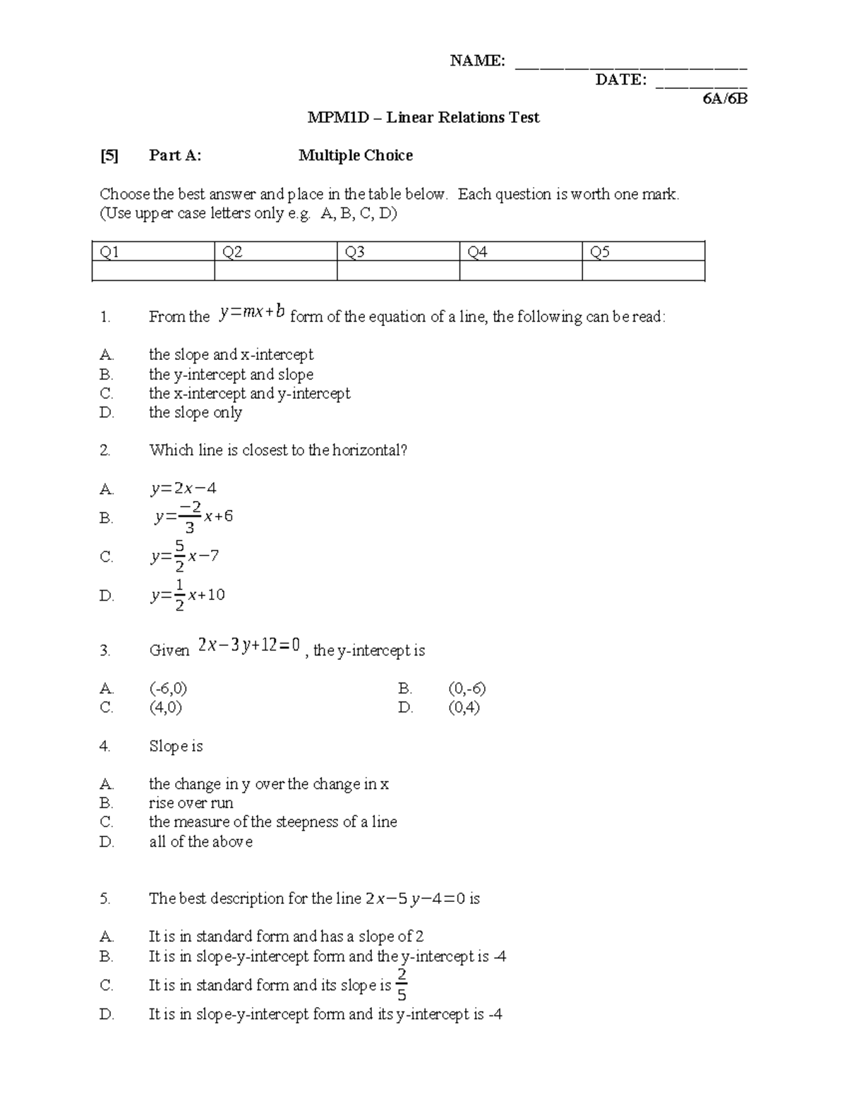 MPM1D Linear Relations Test - Multiple Choice & Short Answer - Studocu