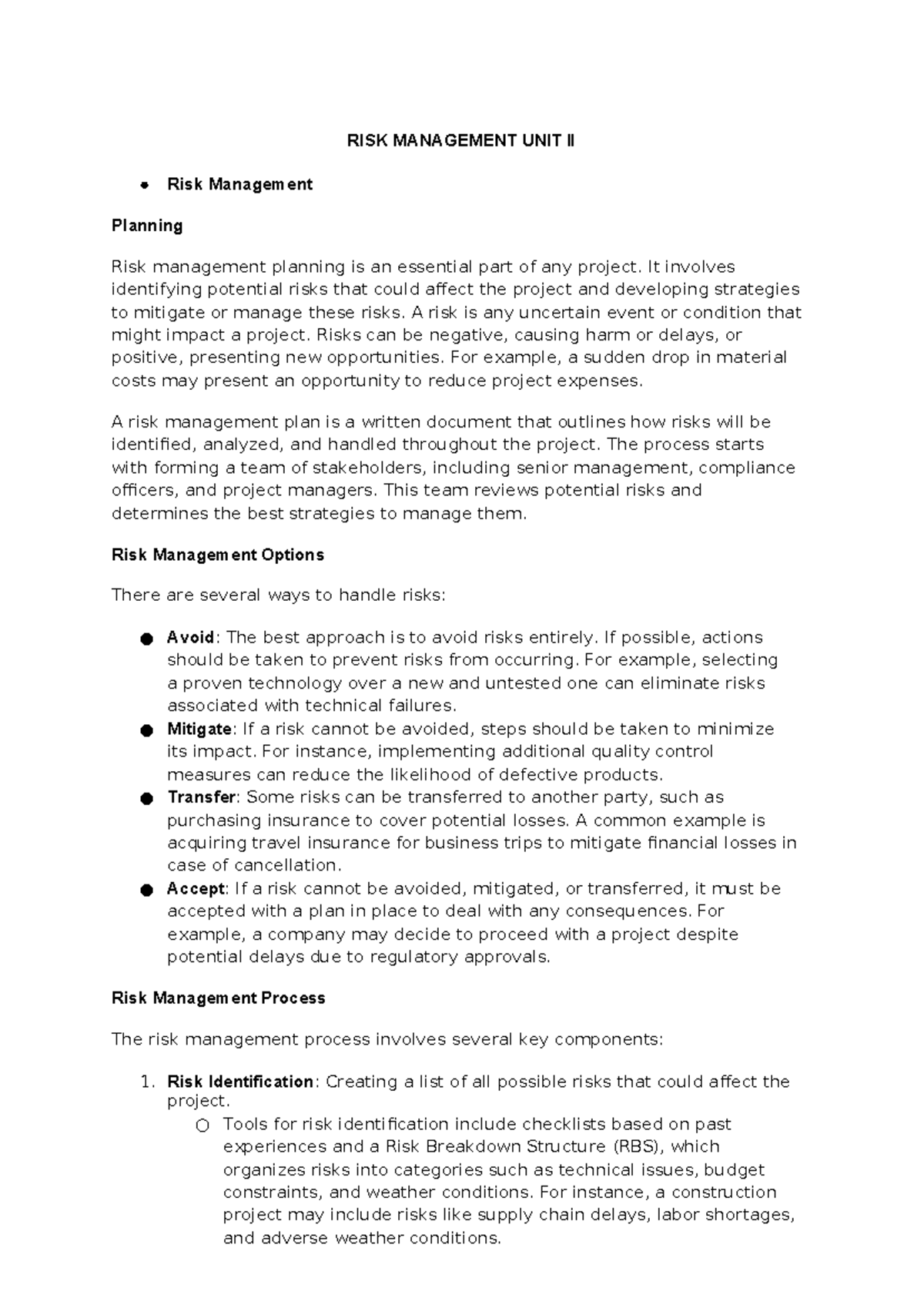 RISK Management UNIT II - RISK MANAGEMENT UNIT II Risk Management ...