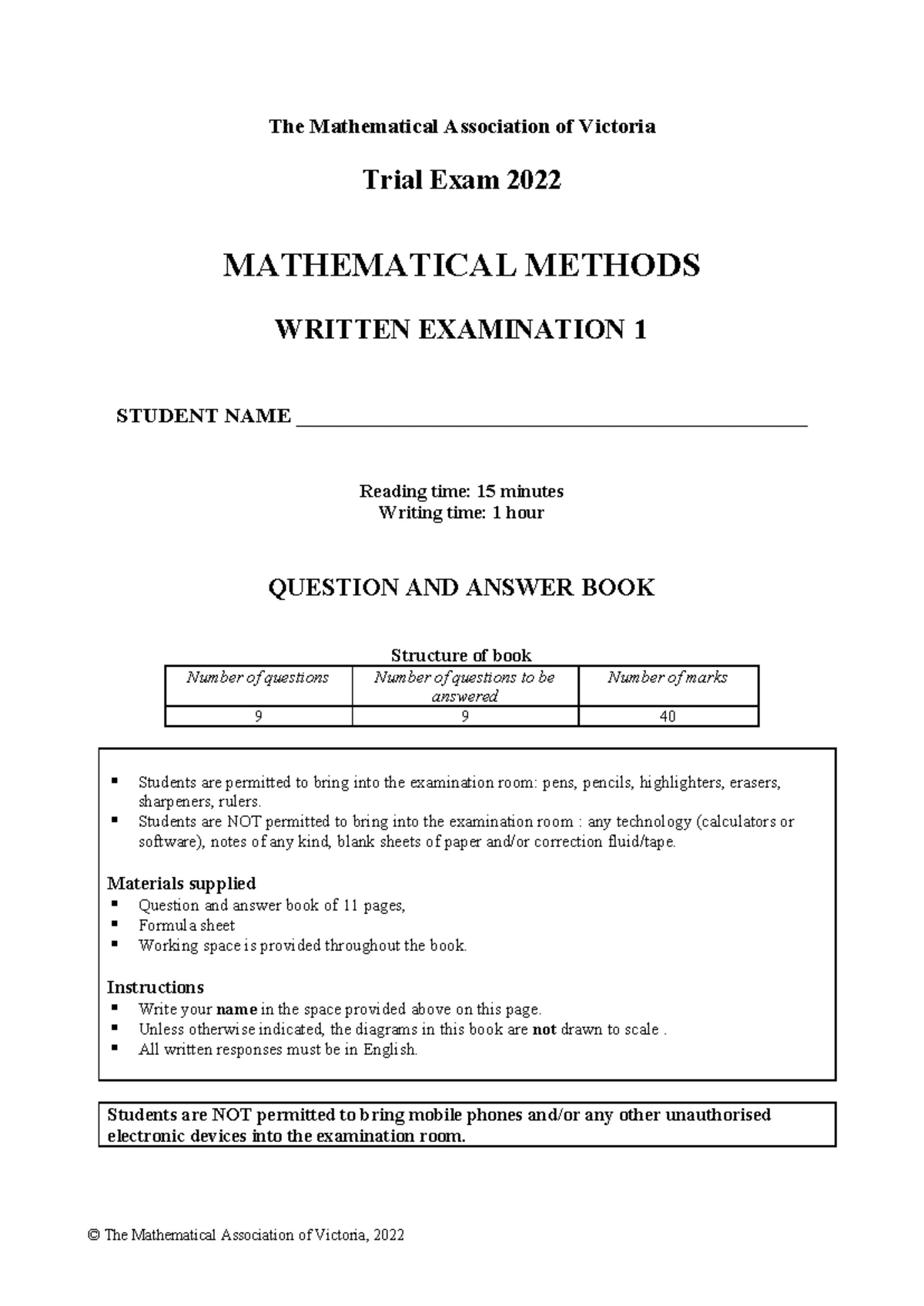 Mathematical Methods (MM) Unit 3: Exam Practice Assessment 2 Guide ...