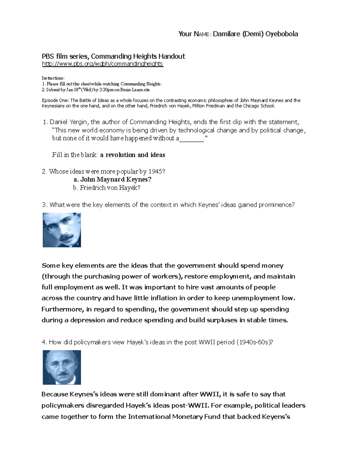 PBS Commanding Heights Worksheet: Economic Ideas &amp; Impact Analysis - Studocu