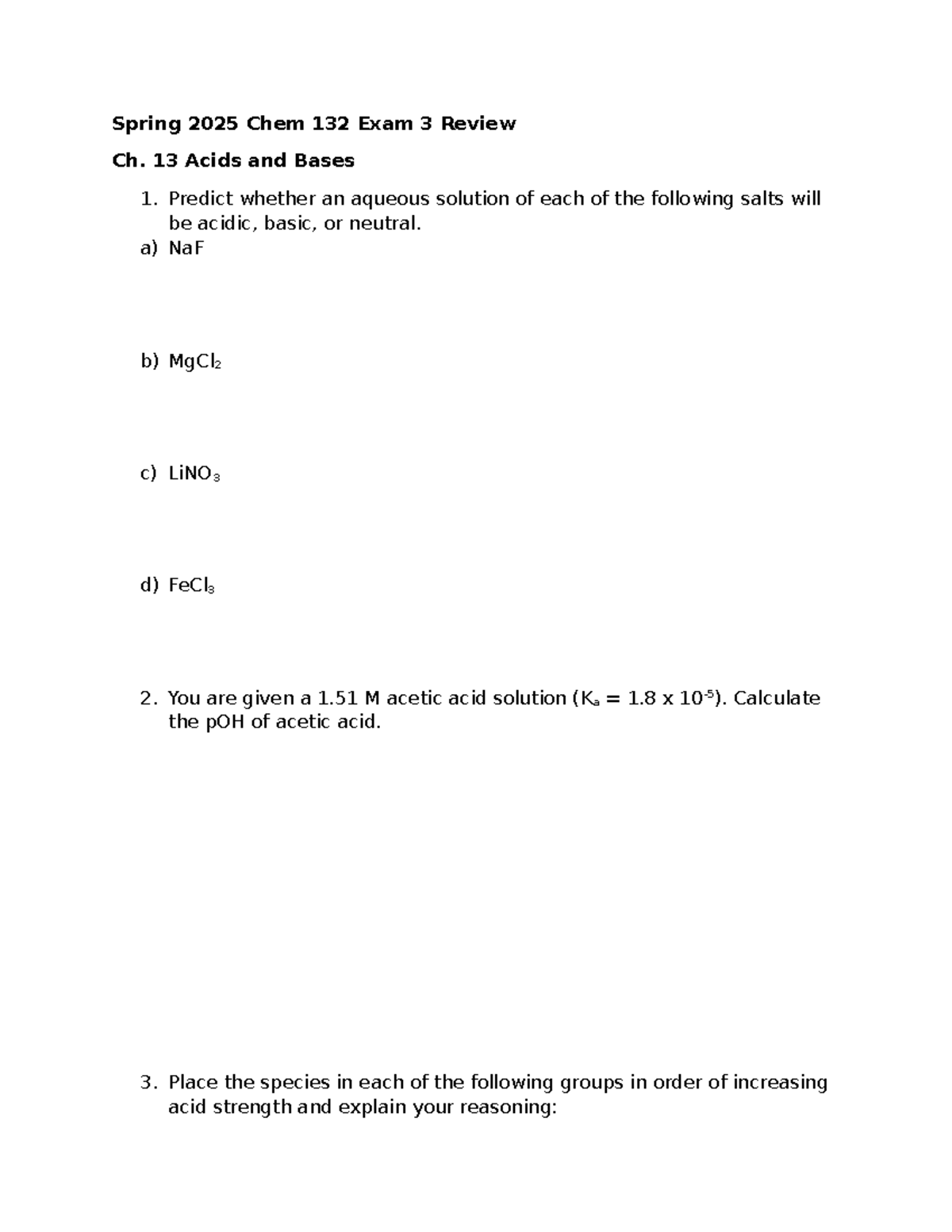 Spring 2025 Chem 132 Exam 3 Review: Acids, Bases, and Equilibria ...