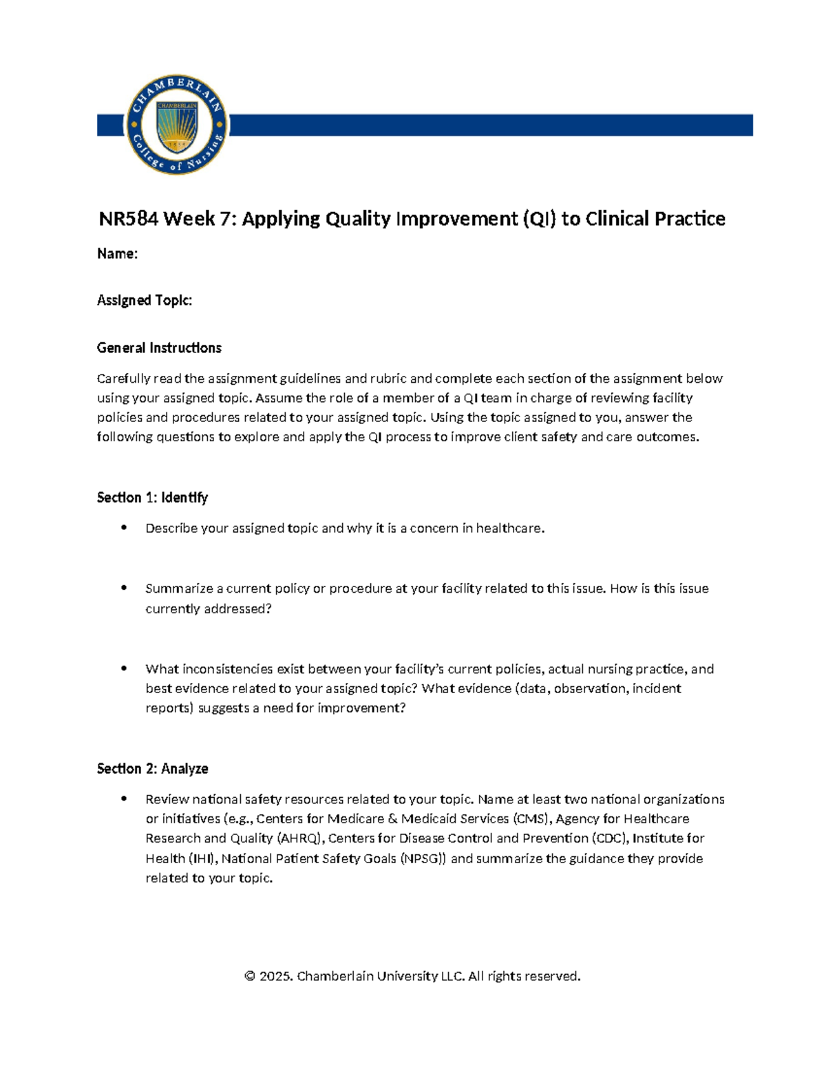 NR584 Week 7: QI Assignment Template for Clinical Practice Improvement ...