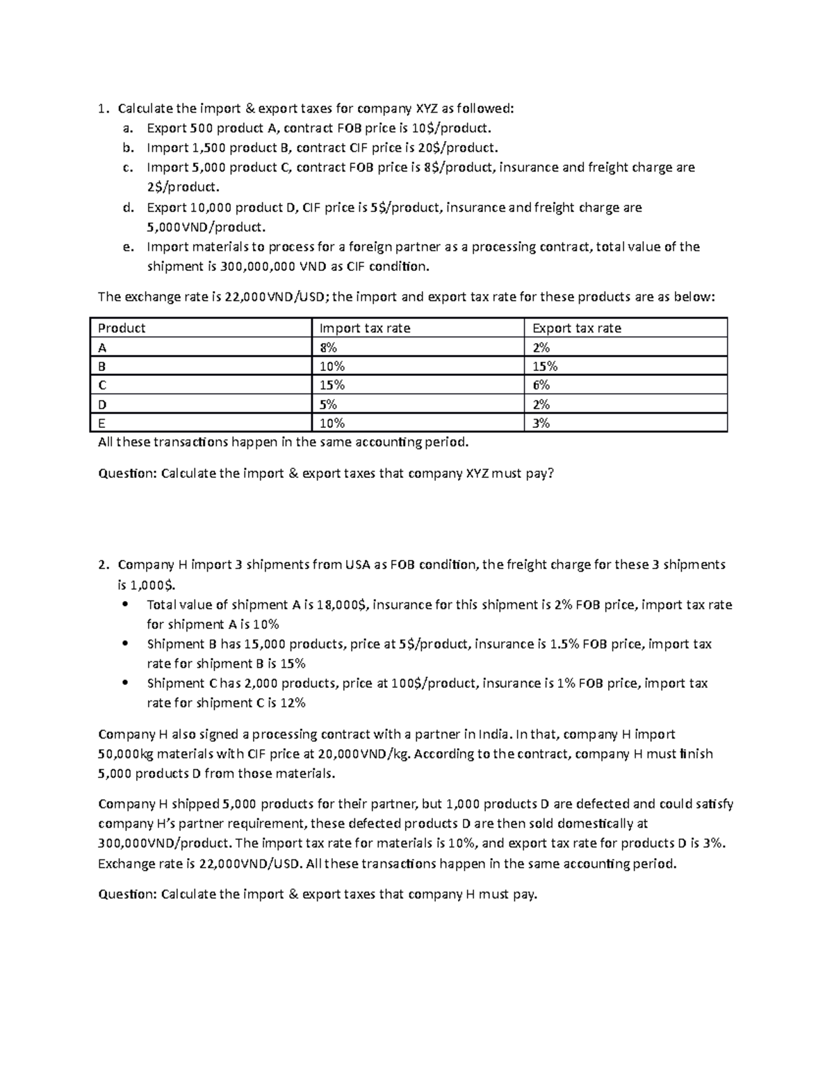 Import-Export Tax Calculations for Companies XYZ, H, and G - Studocu