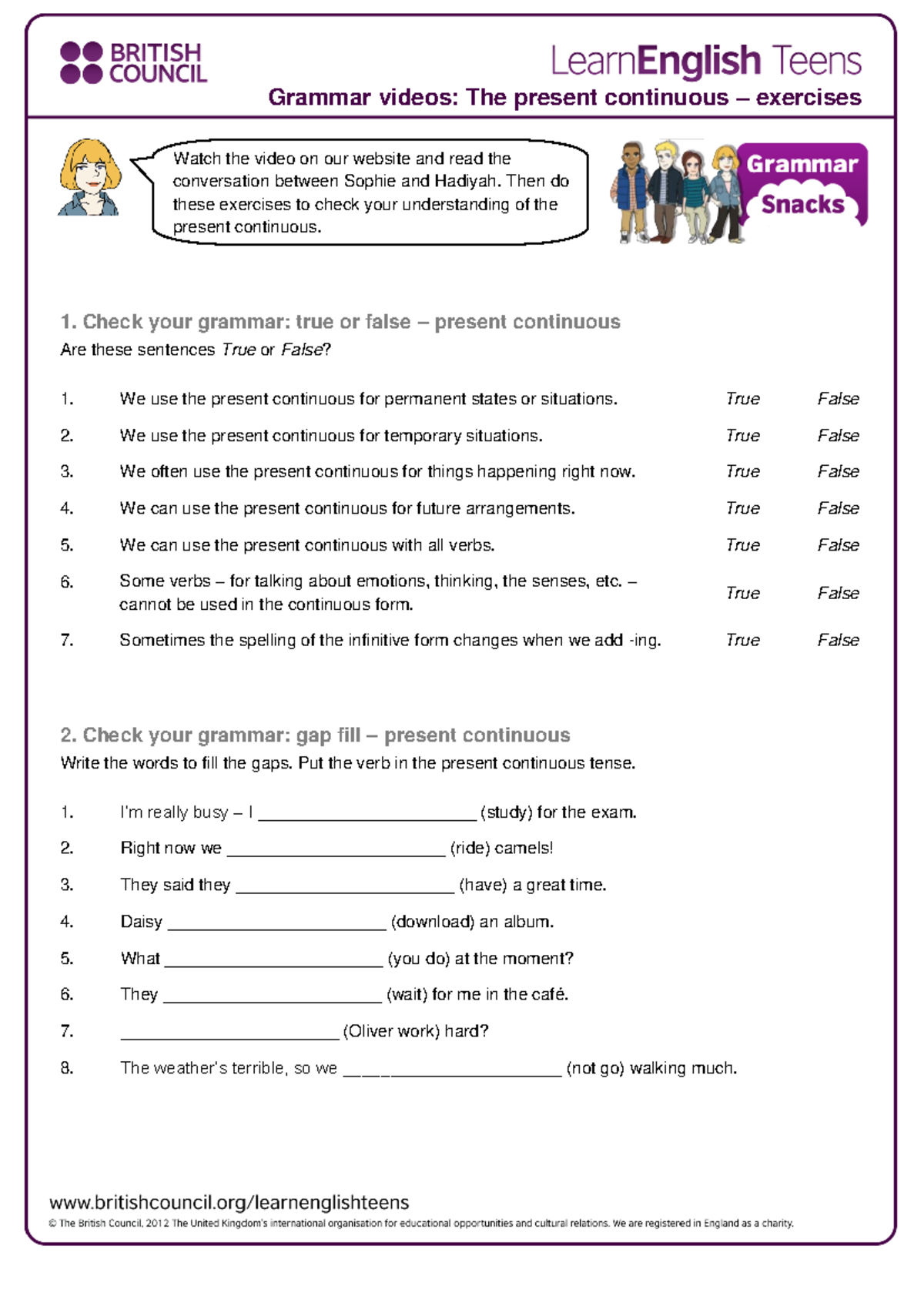 Gs Present Continuous Exercises - True/False & Gap Fill Activities ...