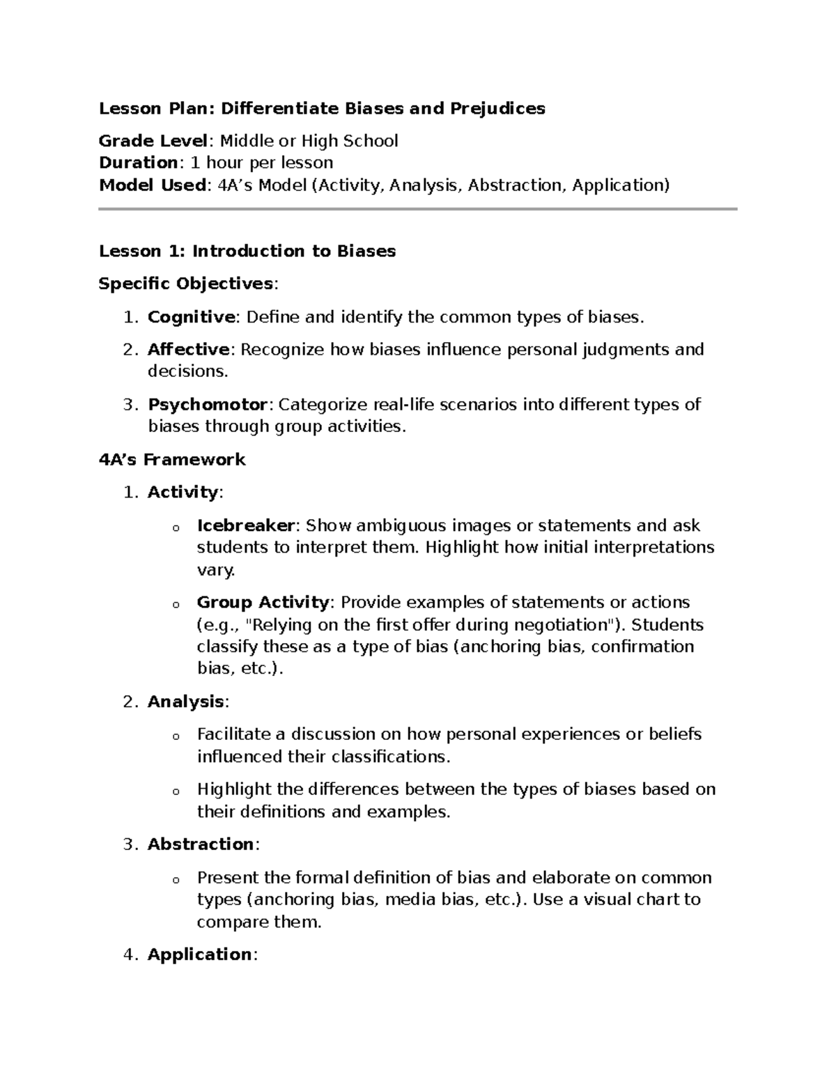 Lesson Plan Series (1-4): Understanding Biases & Prejudices - Studocu