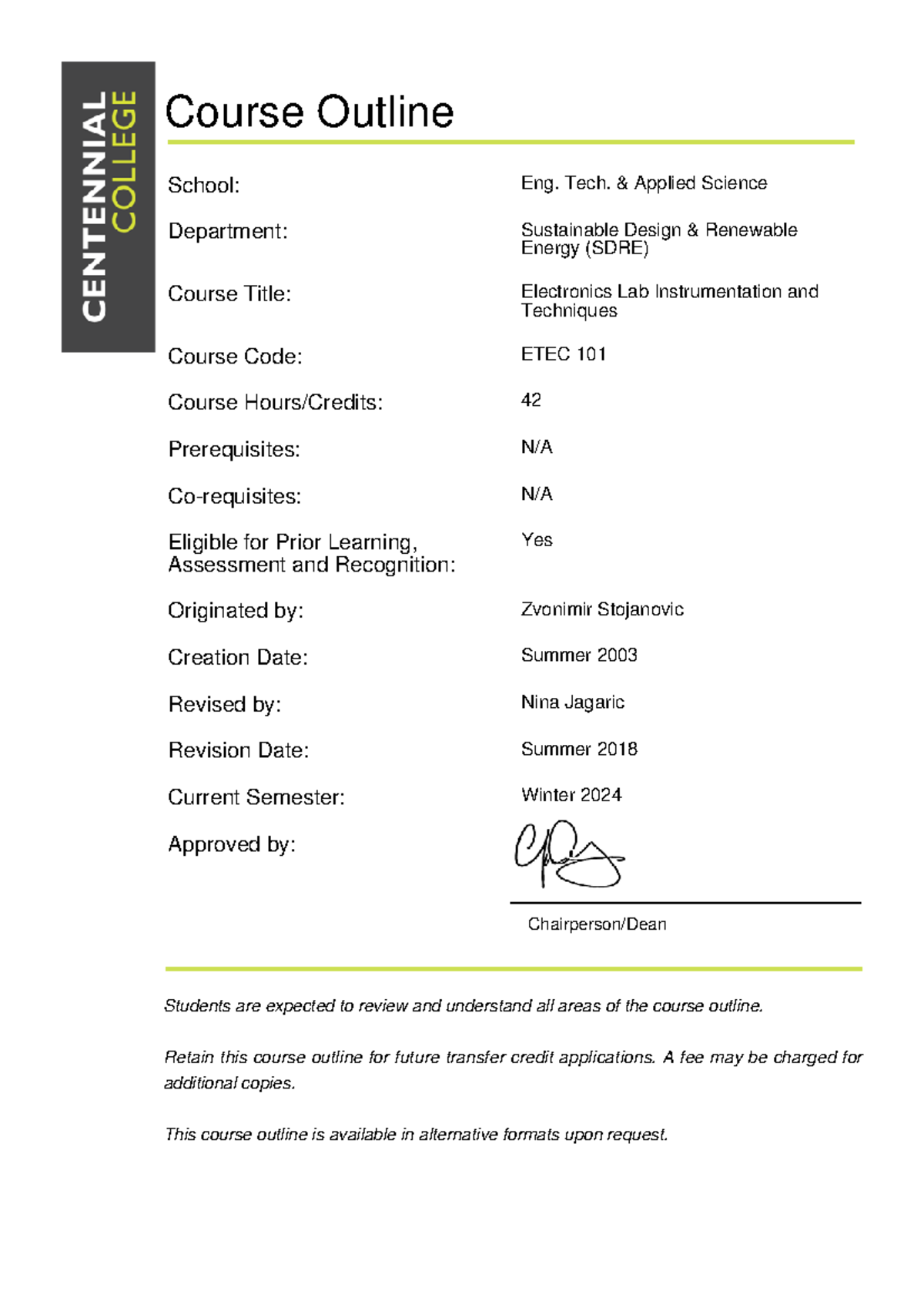 ETEC 101 - Electronics Lab Instrumentation Course Outline and Details - Document Preview