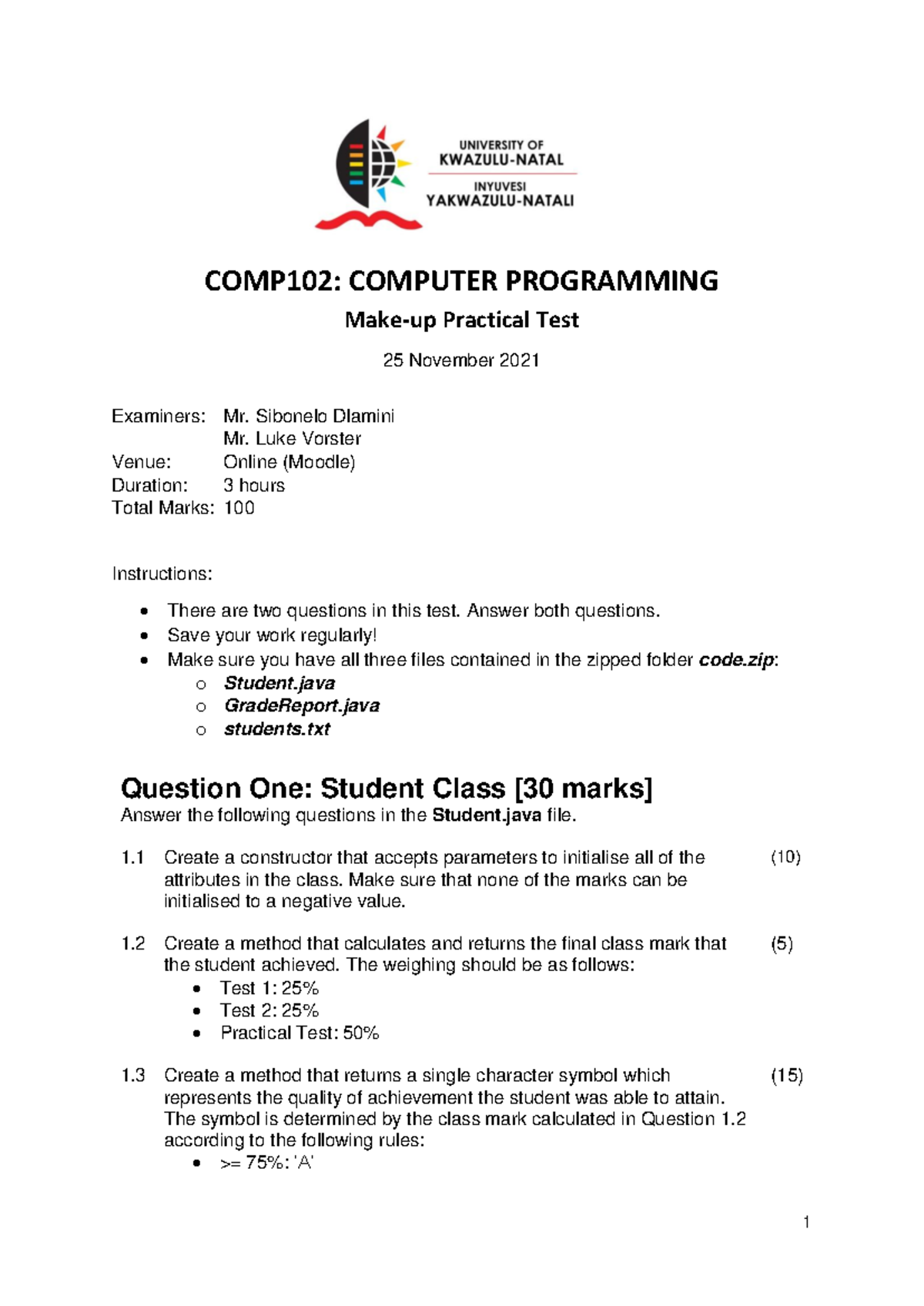 Make-up Practical Test 2021 - Question Paper - 1 COMP102: COMPUTER ...