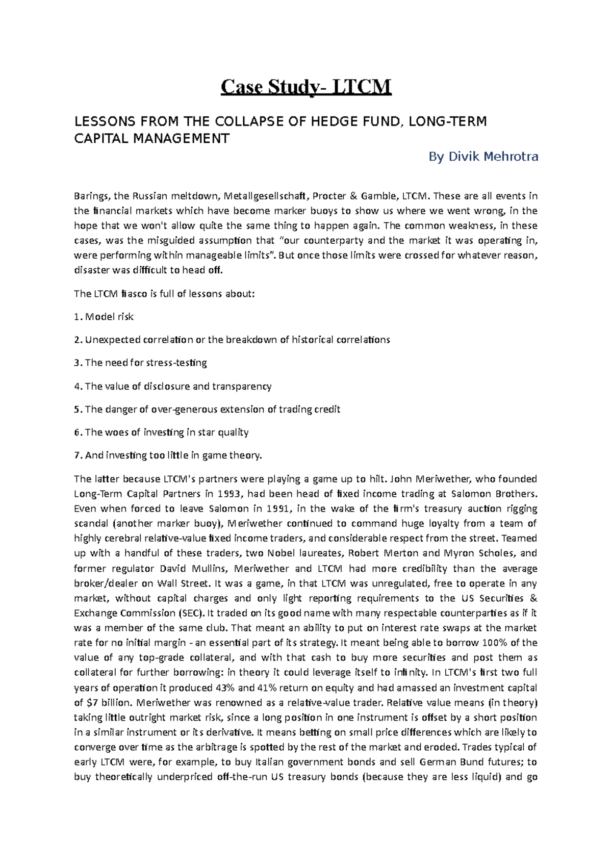 Case Study on LTCM: Lessons from Hedge Fund Collapse - Studocu